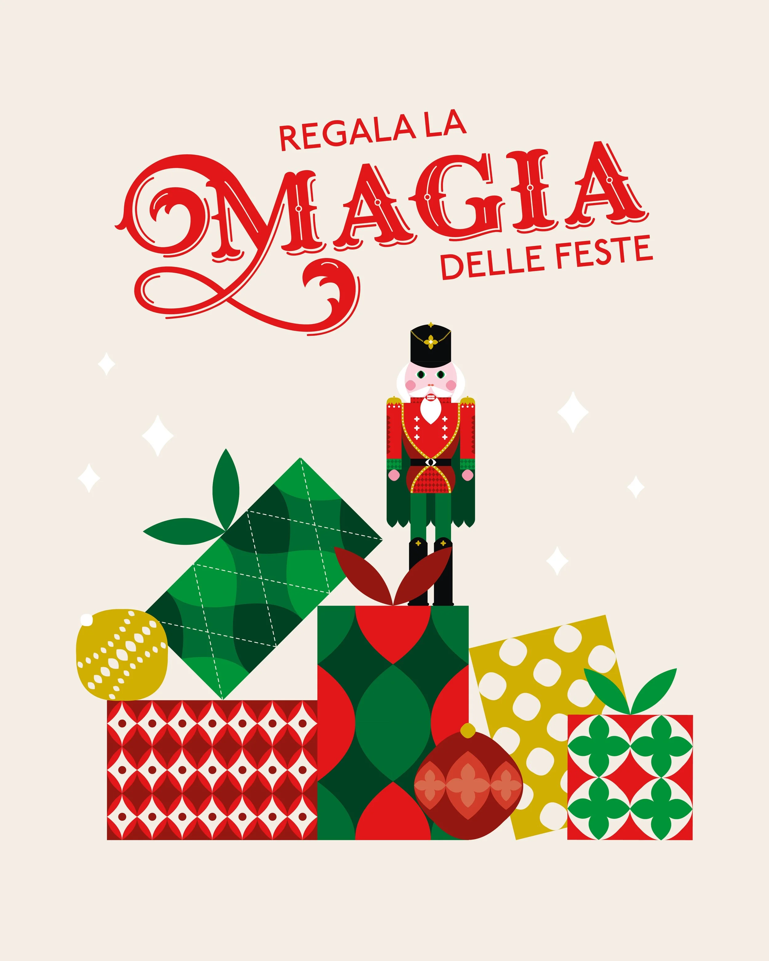 Immagine Natalizia con claym 'Regala la magia delle feste' e l'illustrazione di uno Schiaccianoci stilizzato tra pacchetti regalo decorati.