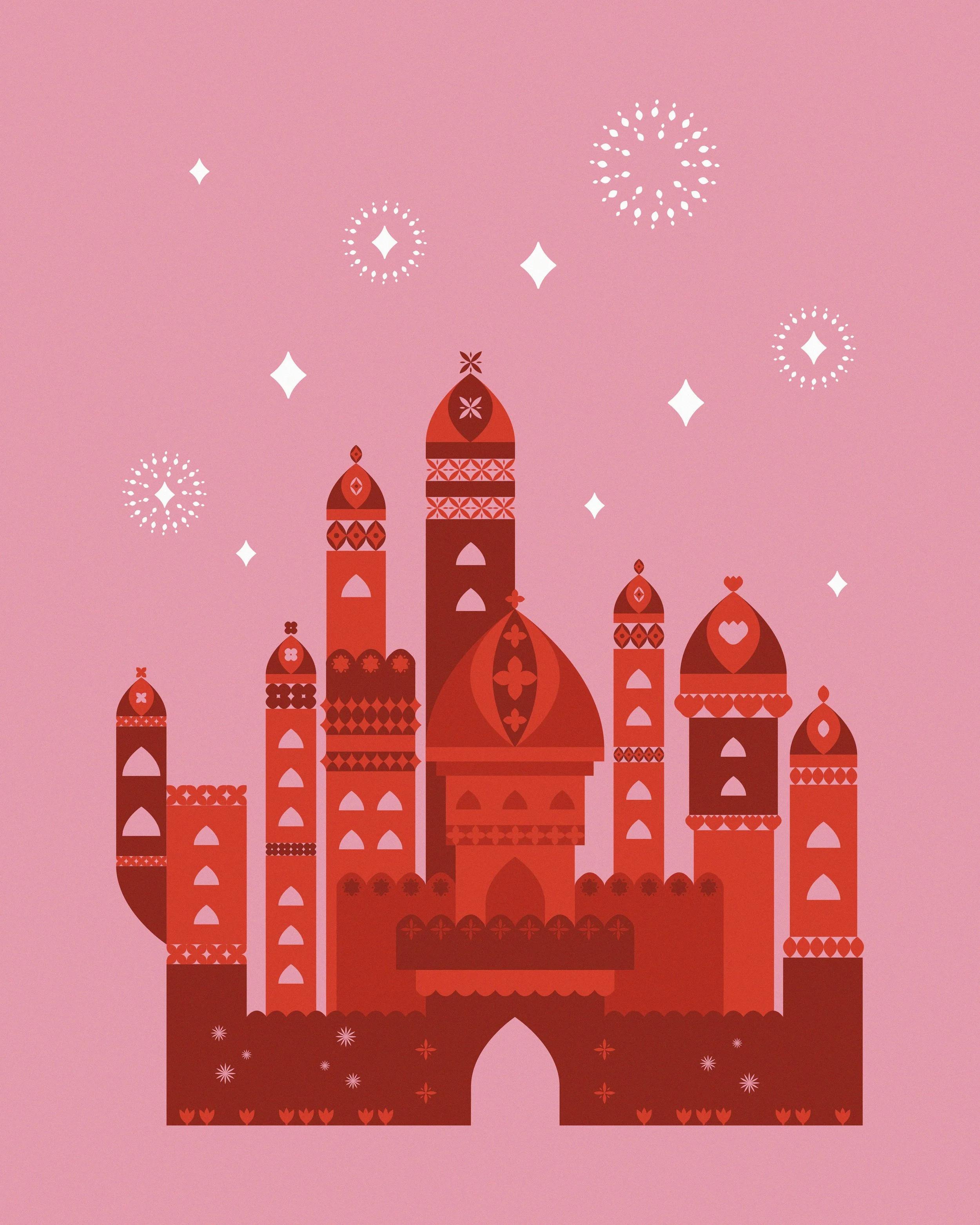 Illustrazione stilizzata di un castello rosso con dettagli decorativi, su sfondo rosa, con effetti di stelle e fiori decorative.