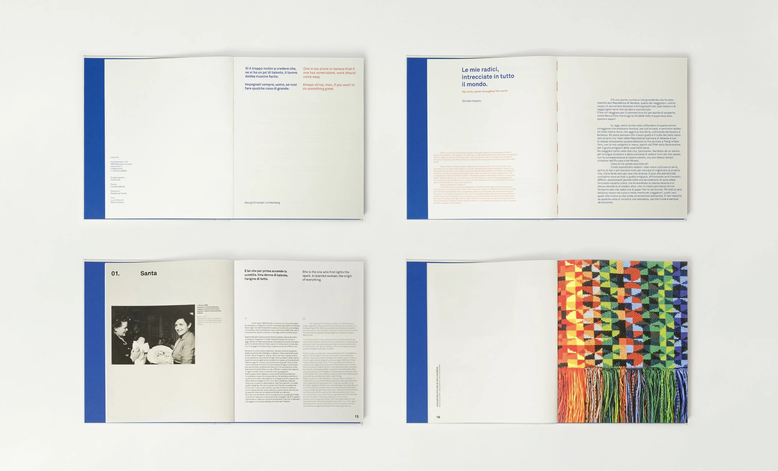 Design interno di un libro, con testo in italiano e inglese. Due pagine tipografiche, una pagina con immagine in bianco e nero e una pagina con una foto di un tessuto ricamato colorato.