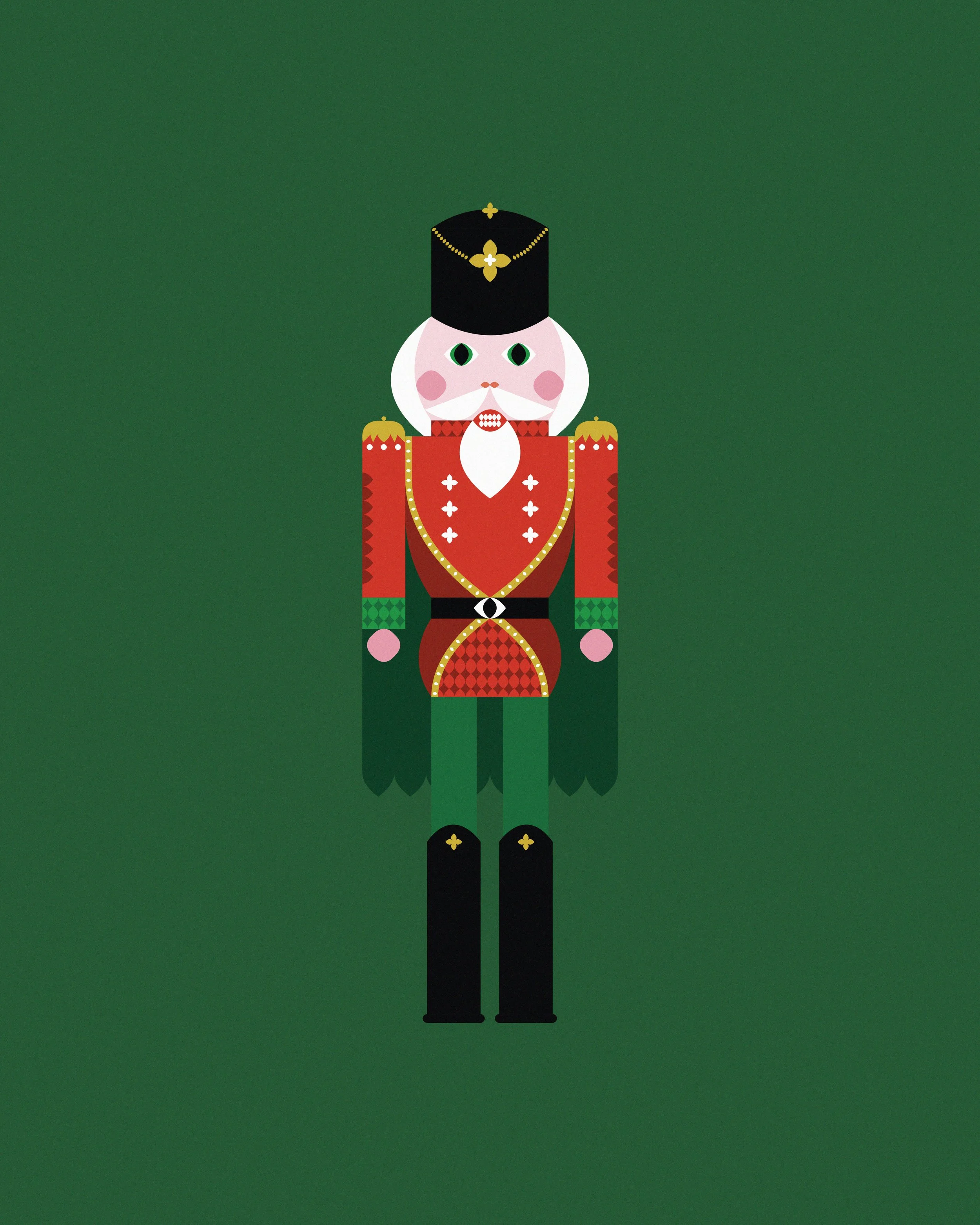 Illustrazione dello schiaccianoci. Un soldato di legno stilizzato con uniforme rossa, cappello nero e decorazioni dorate.