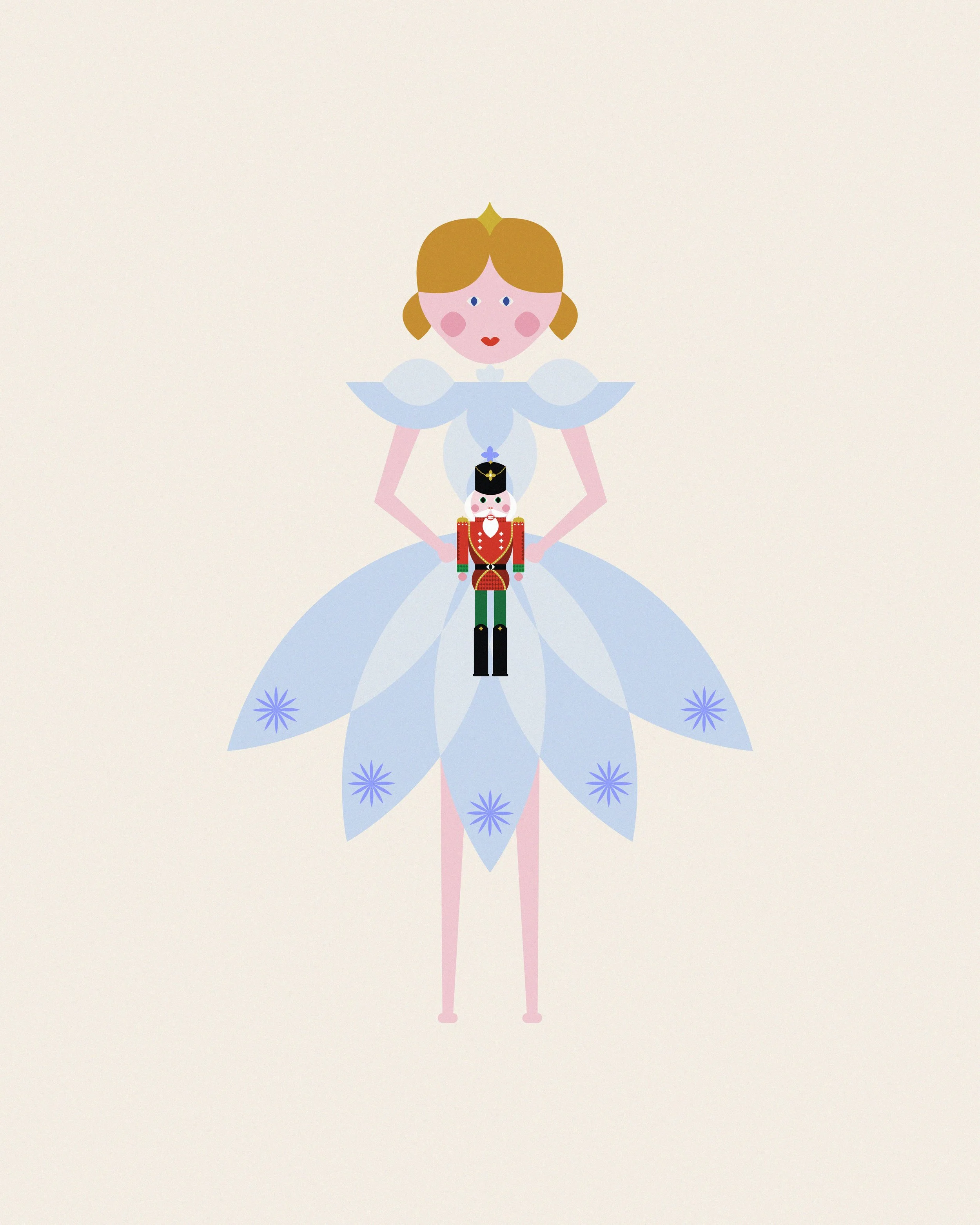 Una donna con un grande vestito a forma di fiore blu, con petali che si estendono dal centro. Tiene in mano un giocattolo - Lo schiaccianoci -  con uniforme rossa e cappello nero.