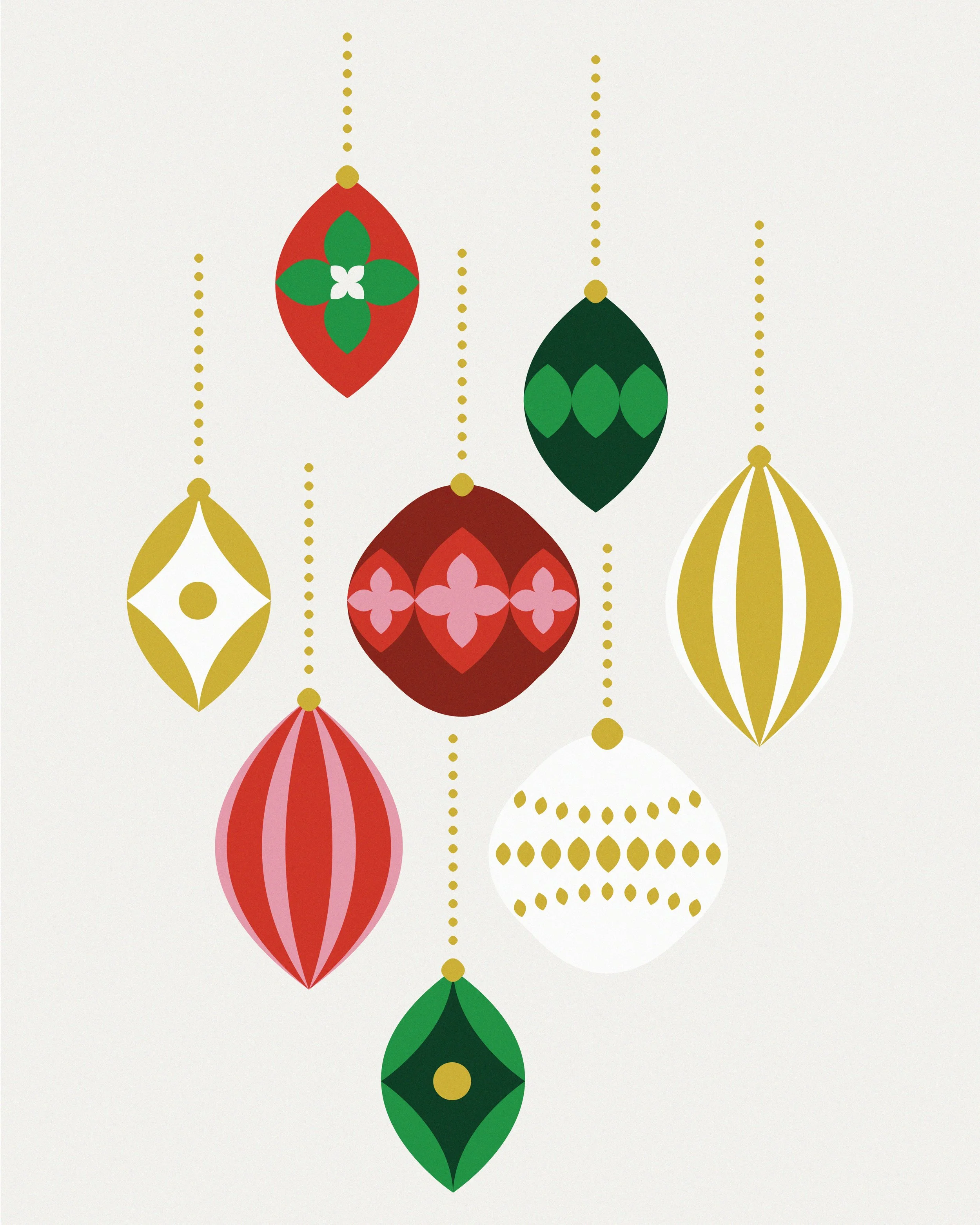 Decorazioni natalizie con palline colorate in rosso, verde, giallo e bianco, appese con linee di puntini gialli su sfondo chiaro.