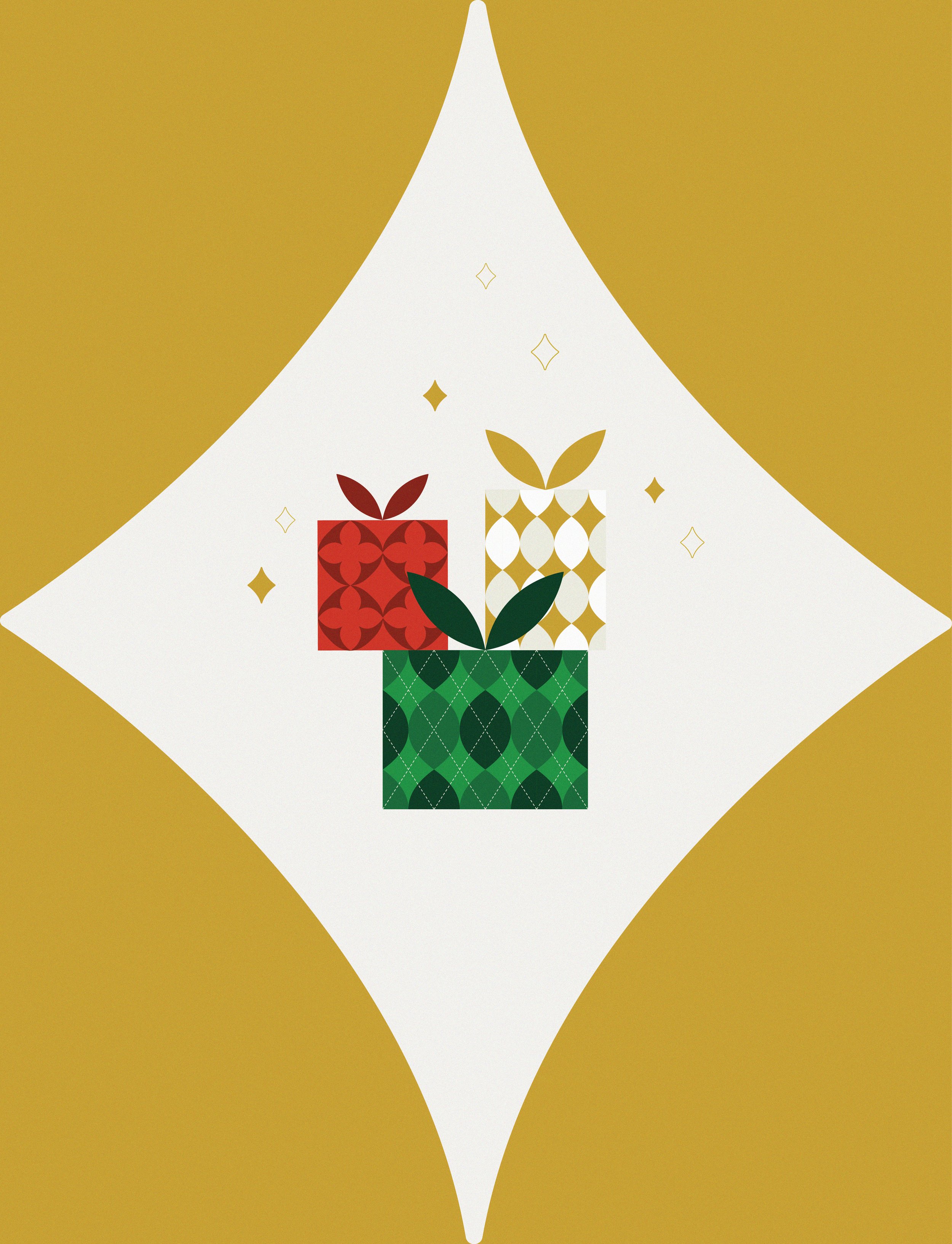 Un'illustrazione minimalista di tre regali decorati con motivi geometrici e foglie, su uno sfondo bianco con angoli dorati.