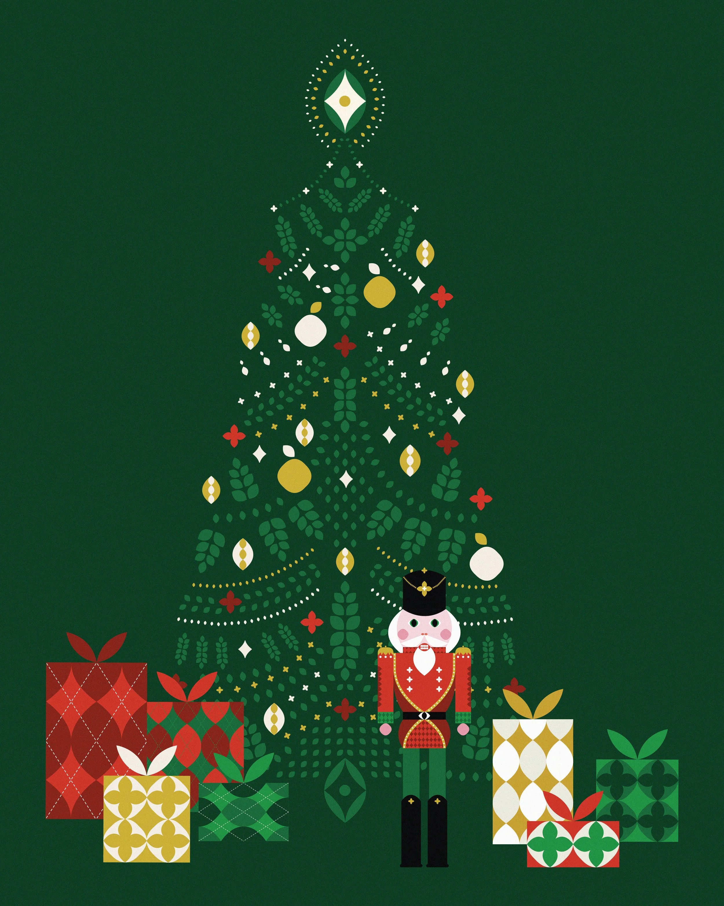 Albero di Natale decorato con ornamenti e luci, con Schiaccianoci e pacchetti regalo sotto di esso, tutto su sfondo verde. Illustrazione e grafica per tema natalizio.
