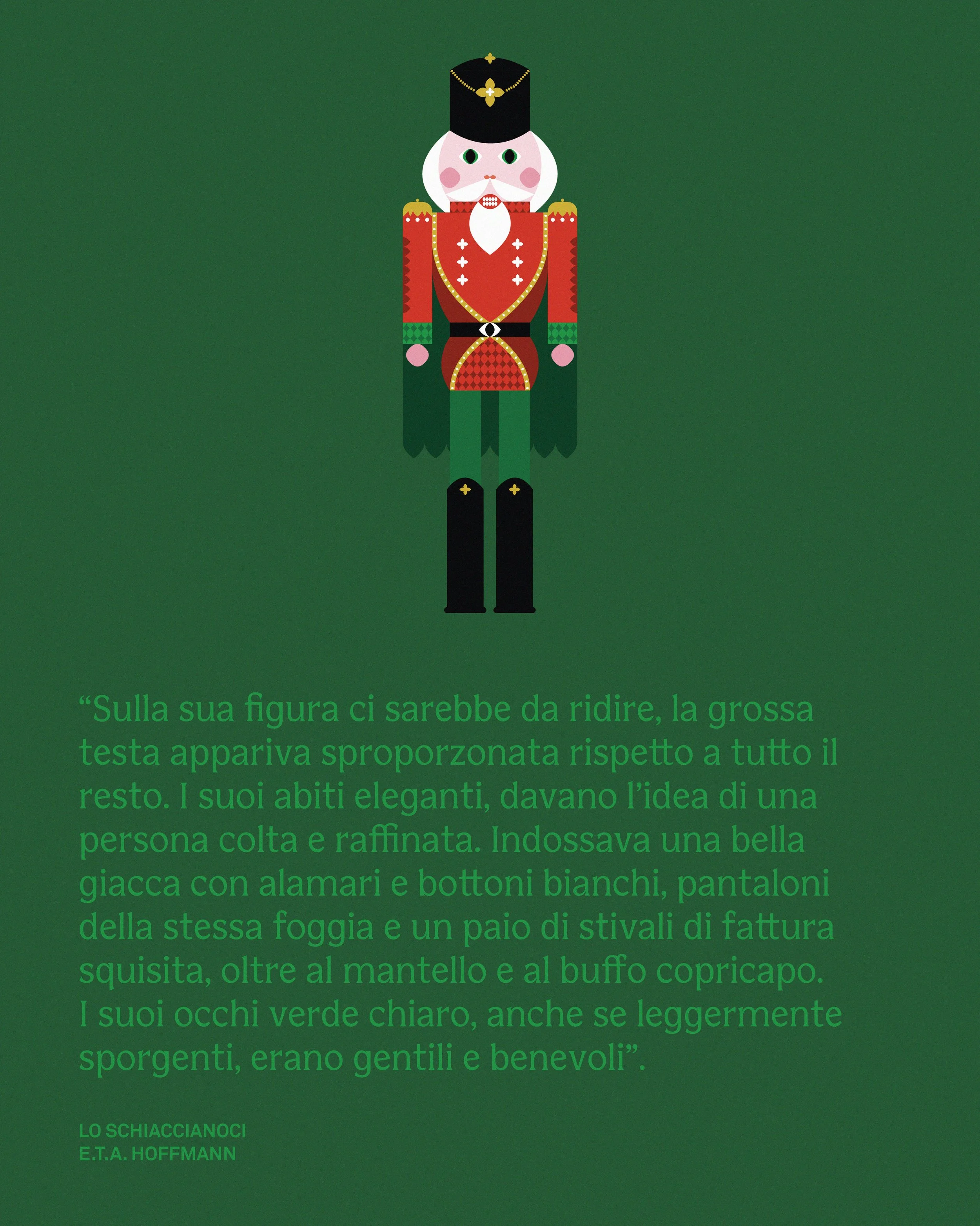 Illustrazione dello 'schiaccianoci' tratta dalla descrizione dell'omonimo libro. Illustrazione e grafica su sfondo verde con colori accesi e natalizi.