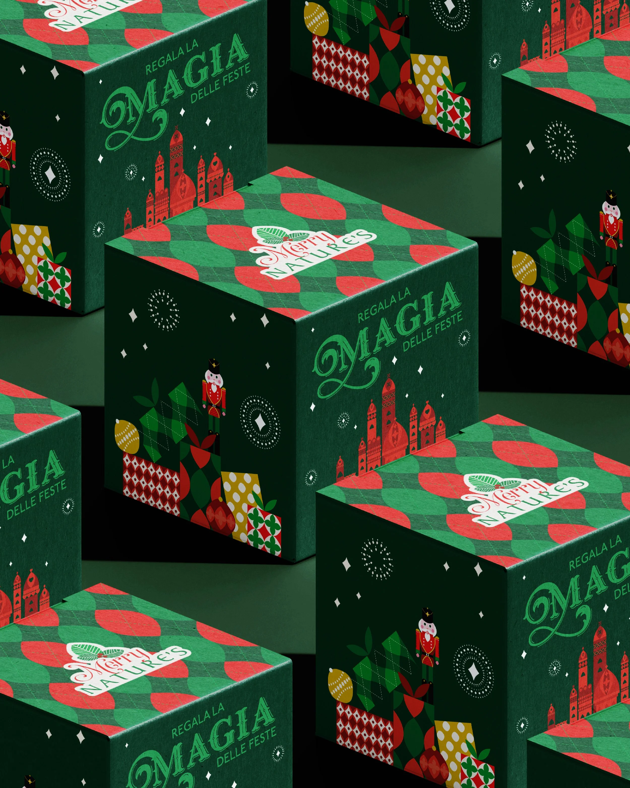 Packaging natalizi di colore verde decorate con motivi festivi e la scritta 'Regala la Magia delle Feste'.