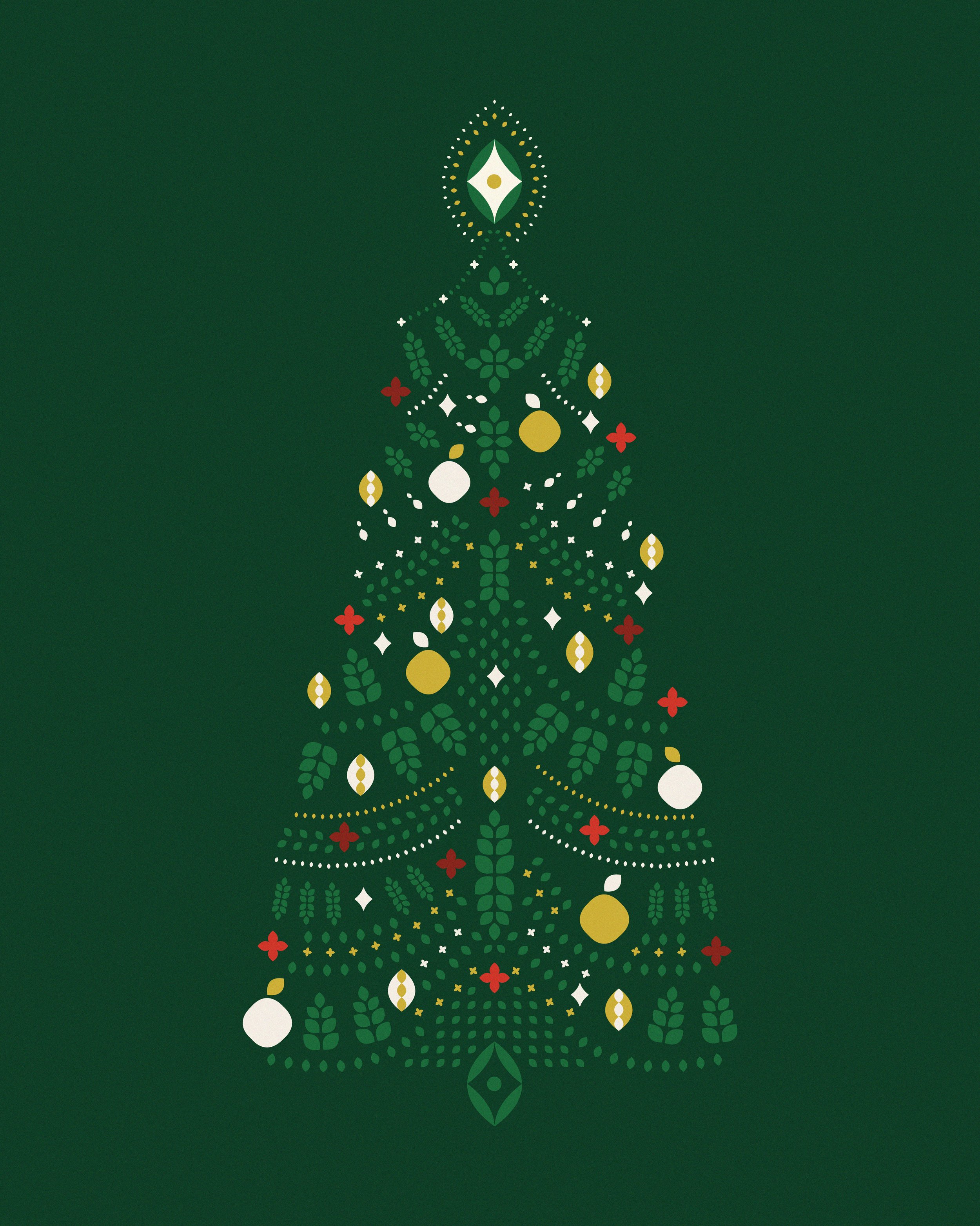 Albero di Natale stilizzato decorato con palline, fiocchi e motivi floreali in colori bianco, rosso, giallo e verde su sfondo verde scuro. Progetto grafico per l'azienda di cosmesi Nature's di Bios Line.