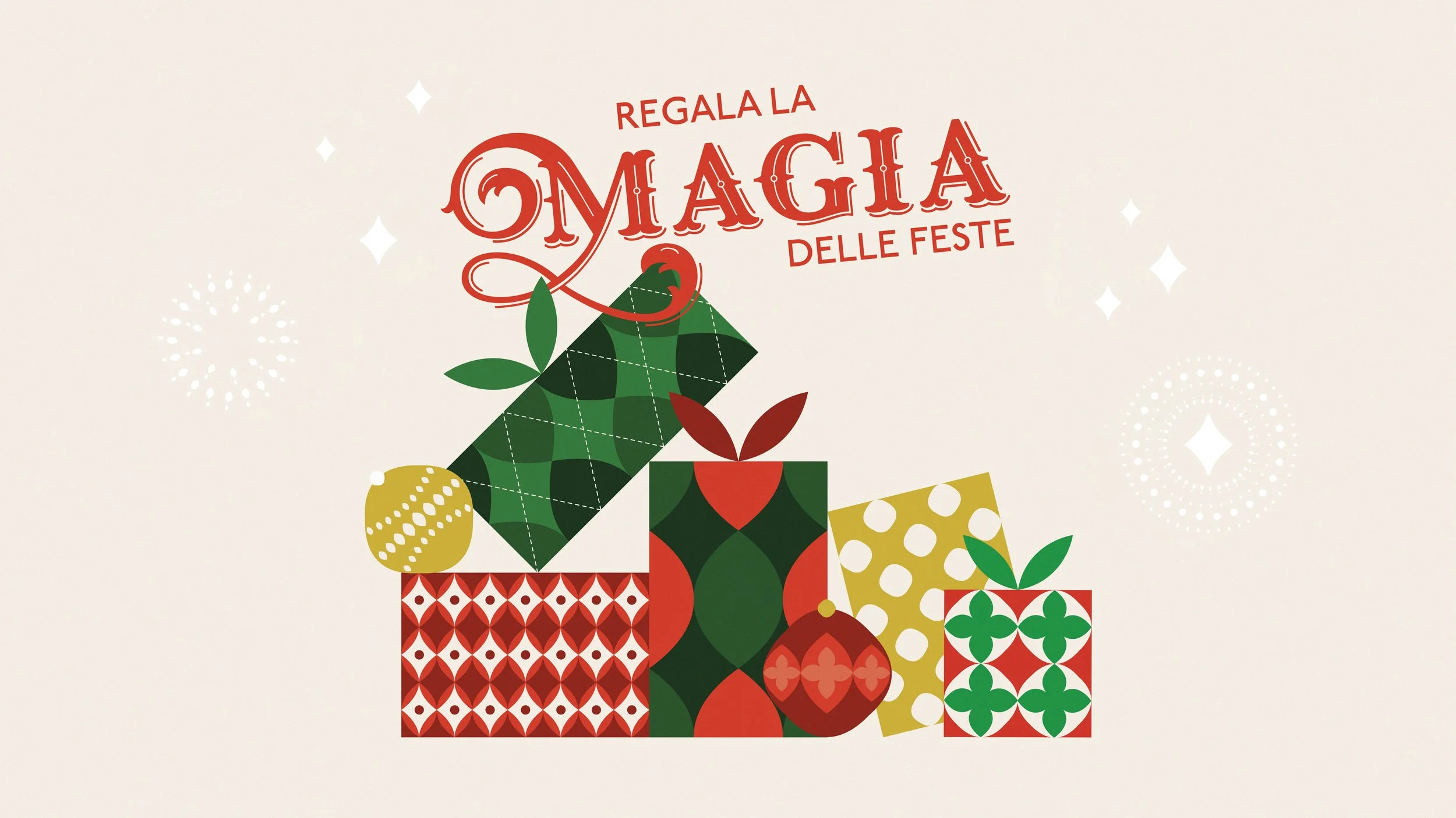 Illustrazione per la visual identity di un progetto Natalizio per un azienda. Pacchetti regalo, e slogan 'regala la magia delle feste'.