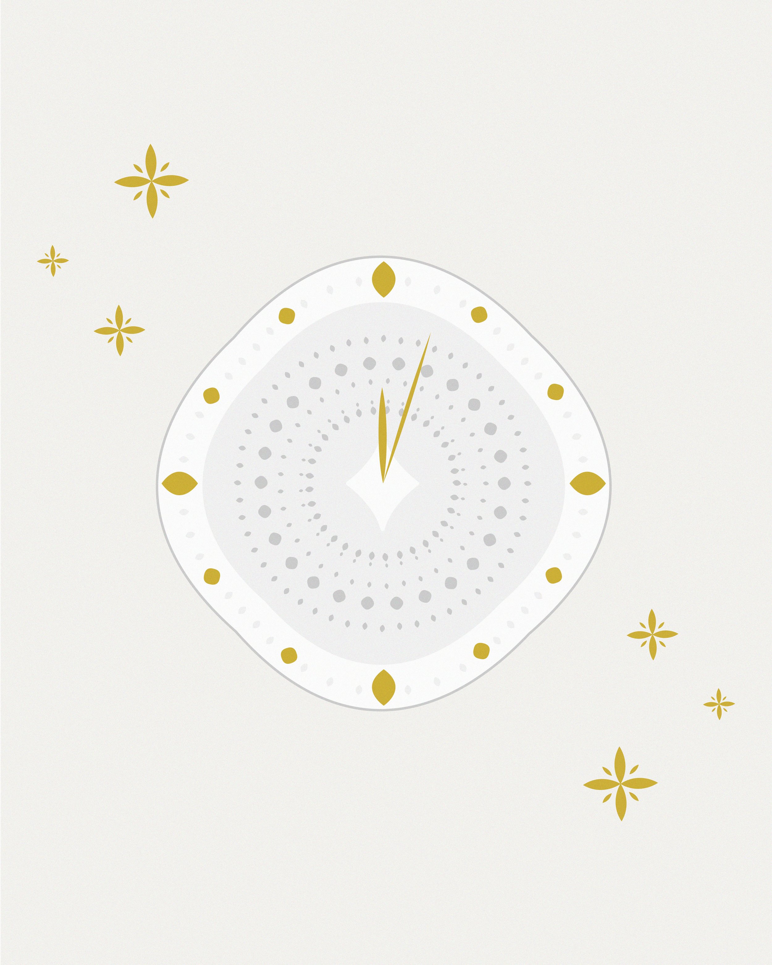 Orologio con lancette che segnano le 12:02, sfondo bianco con decorazioni dorate a forma di fiori e stelle