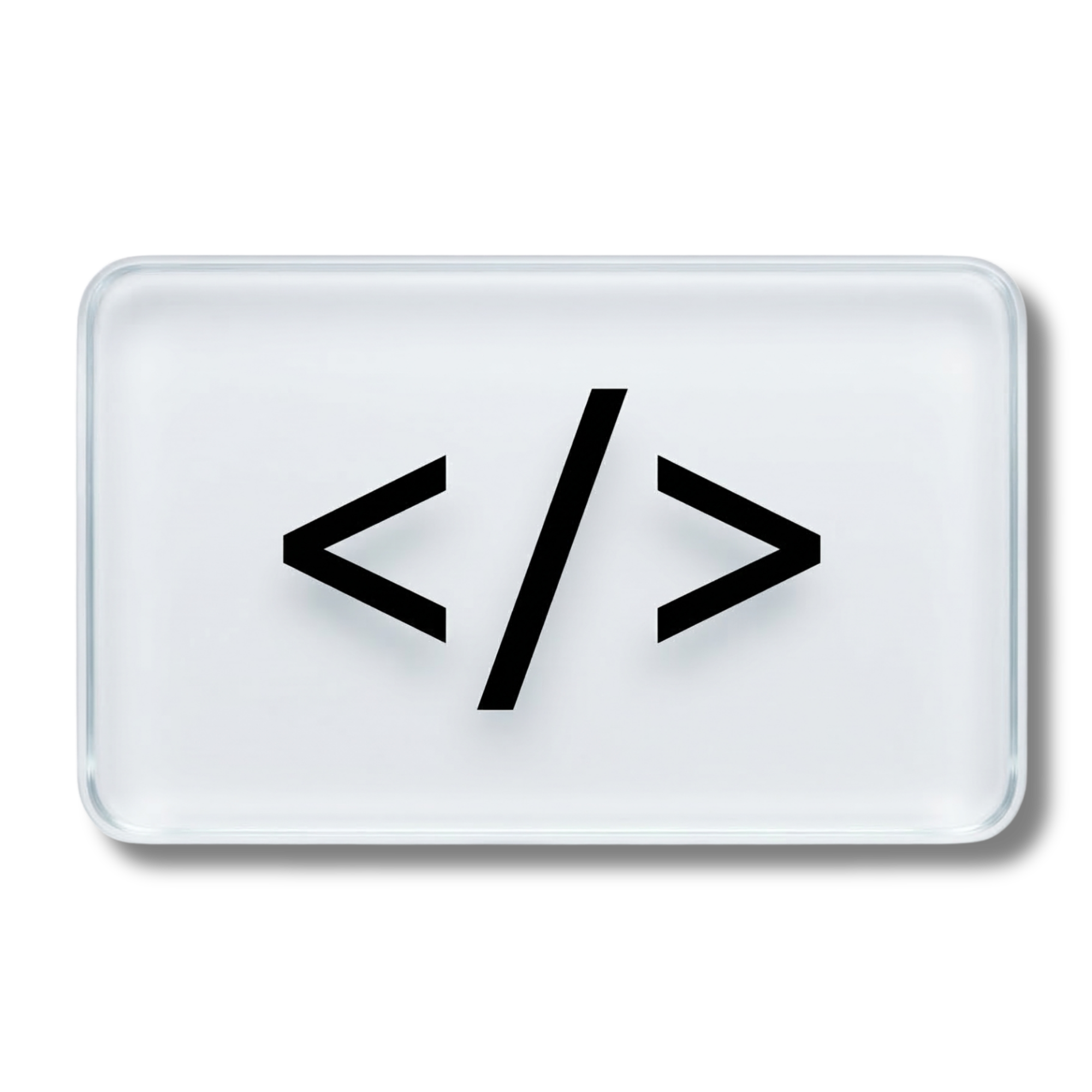 A white rectangular sign with a black coding symbol of angled brackets and a slash, representing code.