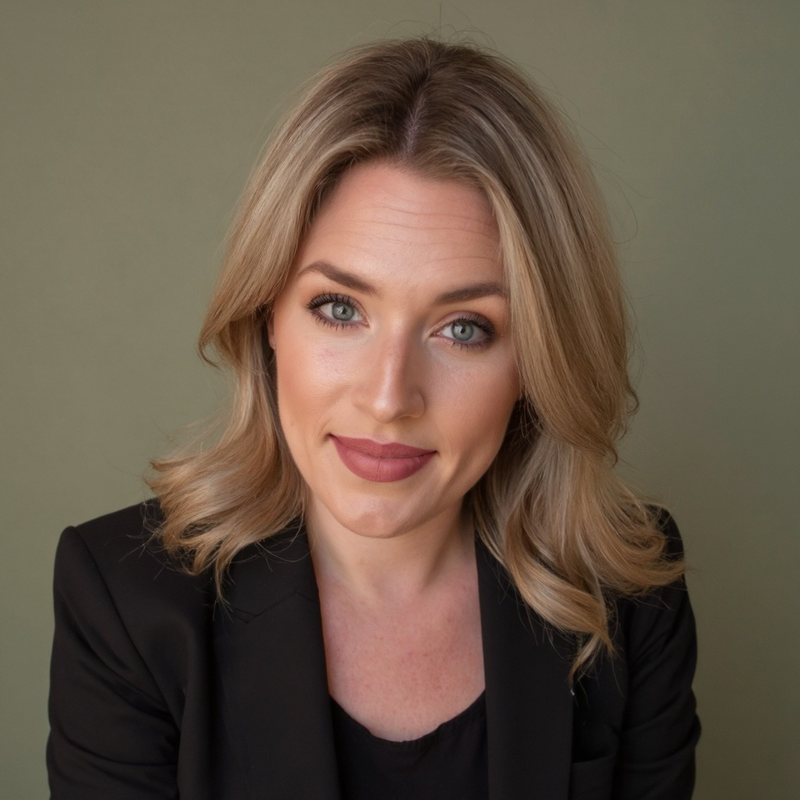 A woman with shoulder-length blonde hair and blue eyes, wearing a black blazer and black top, looking at the camera against a green background.
