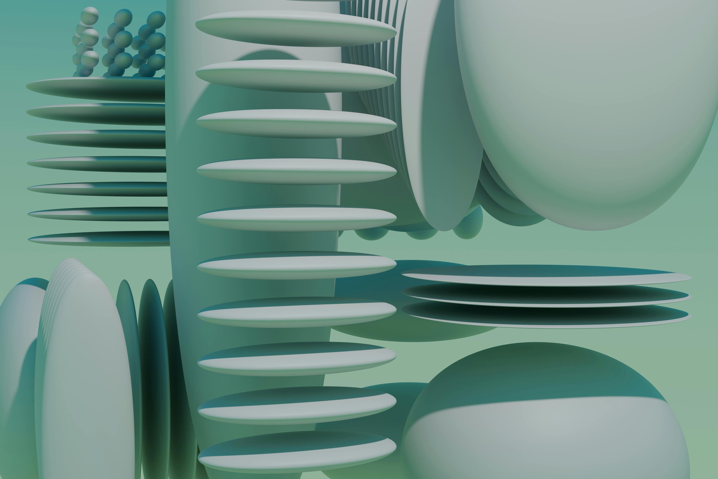 Abstract digital artwork with various layered pastel-colored geometric shapes including spheres and oval discs in shades of green and teal.