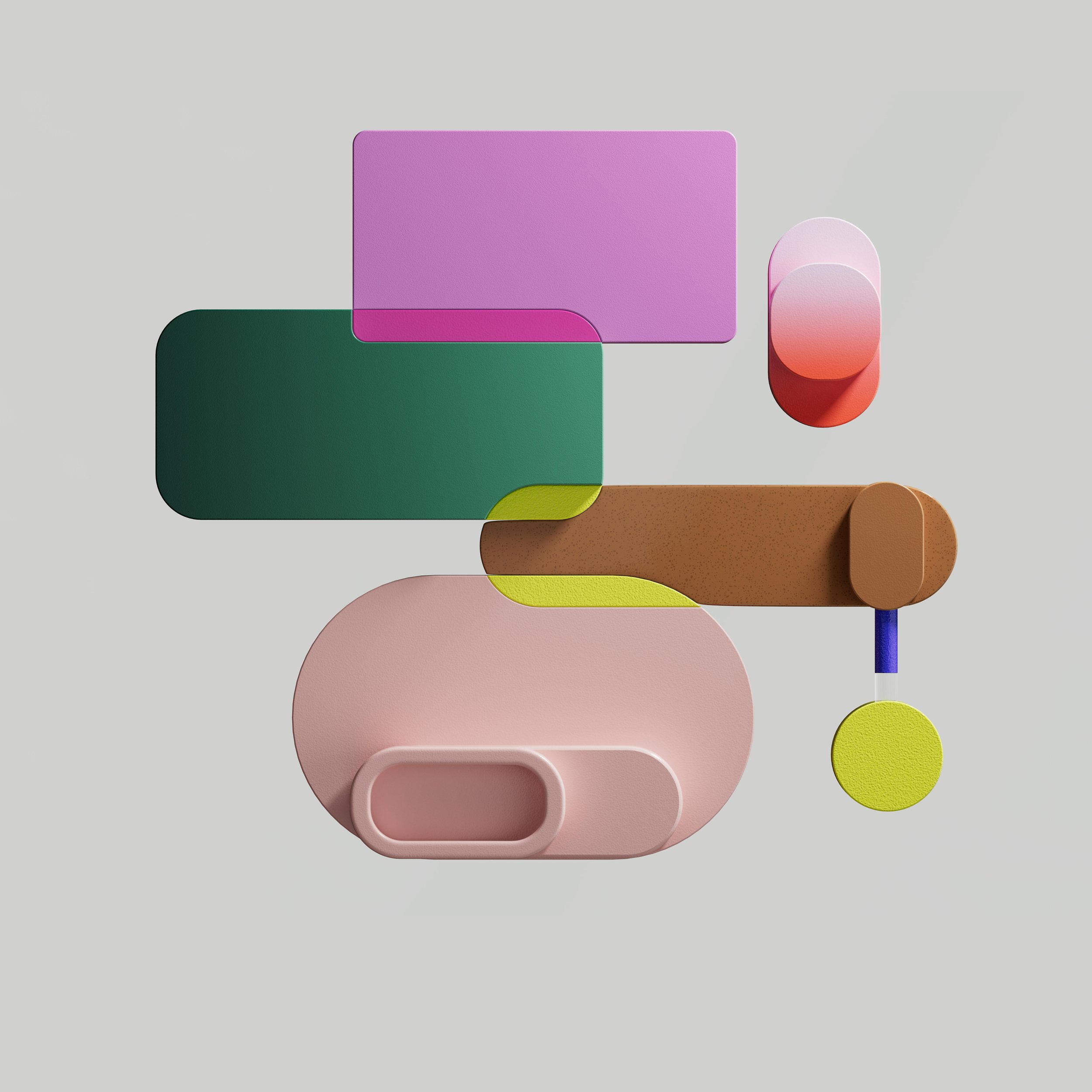 Abstract geometric sculptures in pastel and vibrant colors on a gray background, consisting of rectangles, circles, and rounded shapes.