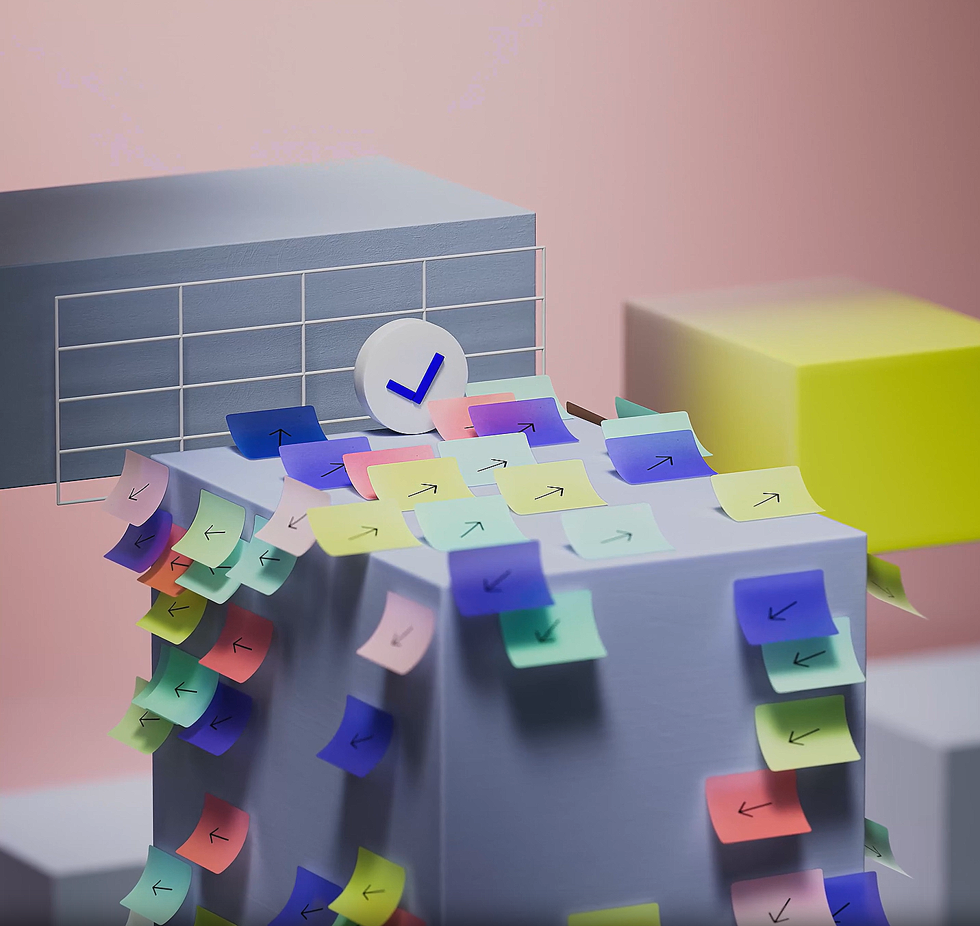 A white desk with multicolored sticky notes with arrows, a white clock with blue hands, a gray box, a blue rectangular object. The background has pink and yellow blocks.