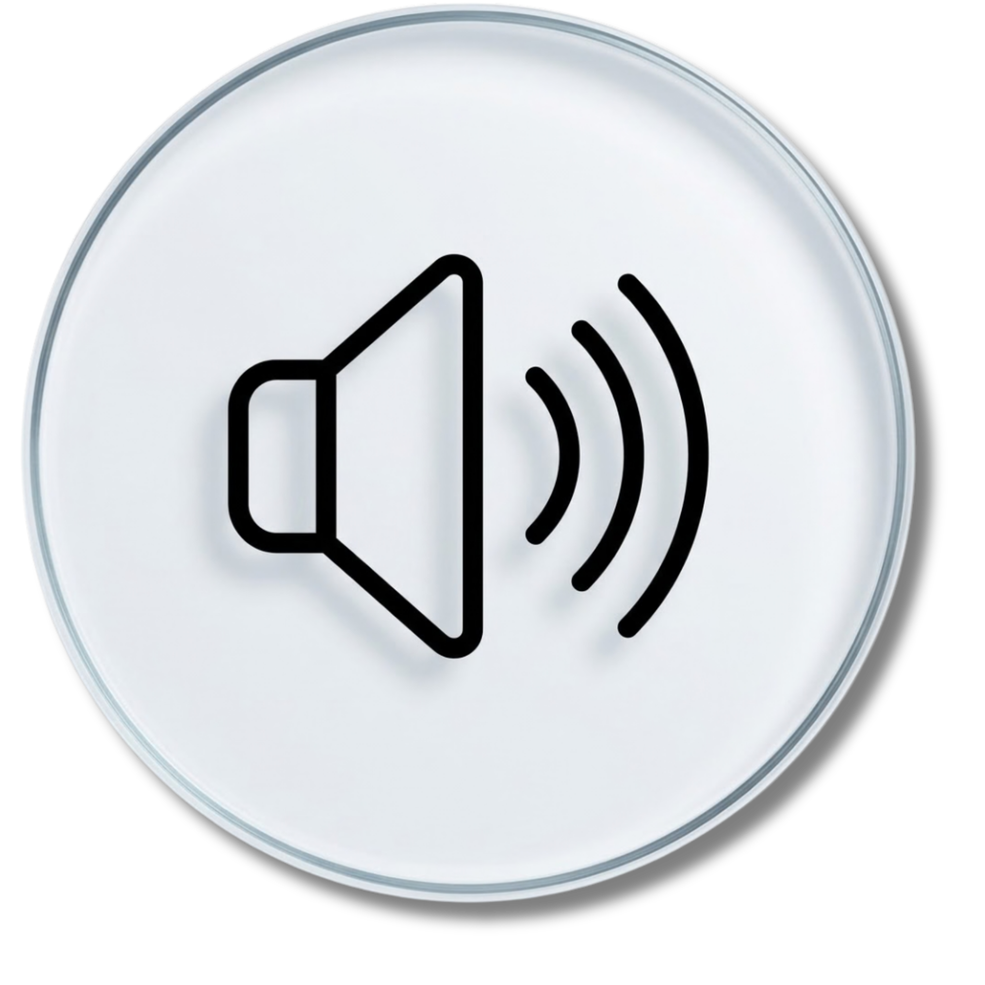 Speaker icon with sound waves indicating volume on a circular white background.