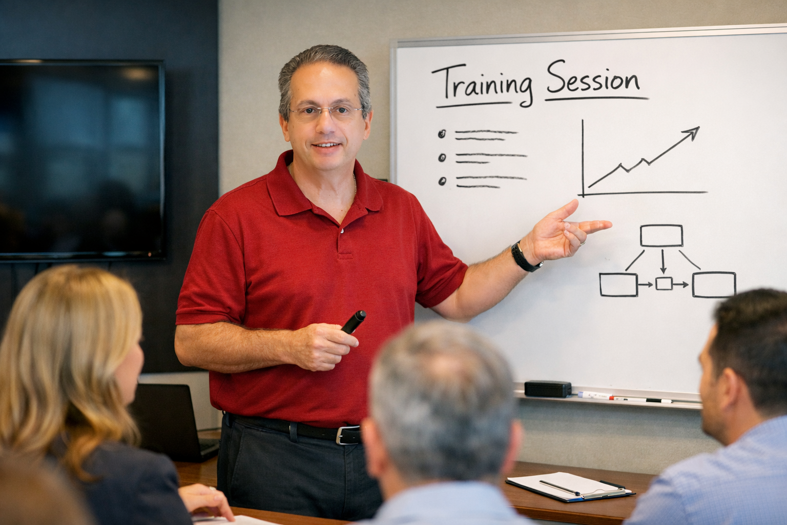A man in a red polo shirt standing in front of a whiteboard giving a presentation, with three people seated and listening, in a professional setting.