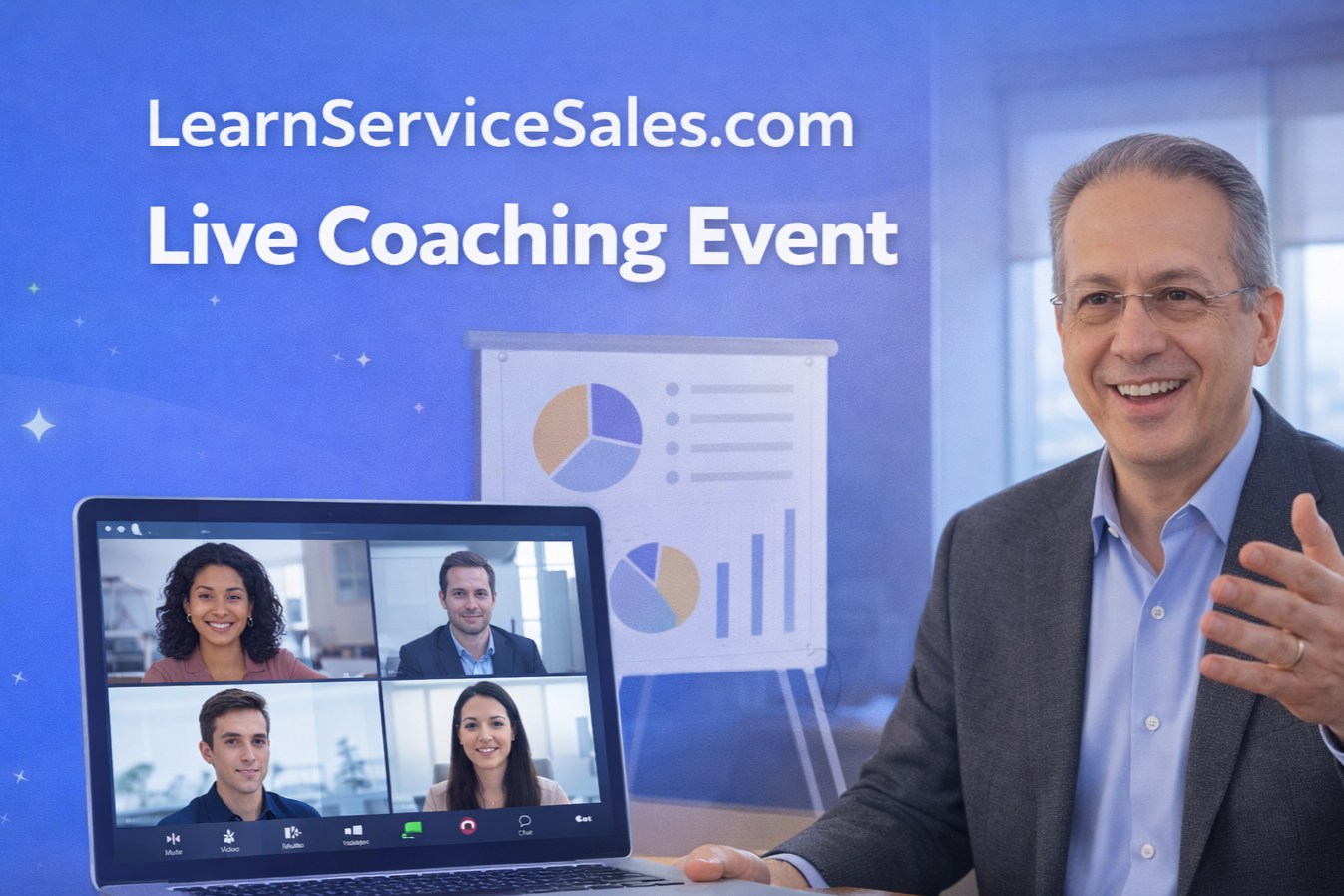 A man in a suit participating in a virtual coaching event displayed on a laptop, with four people on the video call. The background has a banner with the text 'LearnServiceSales.com Live Coaching Event' and charts.