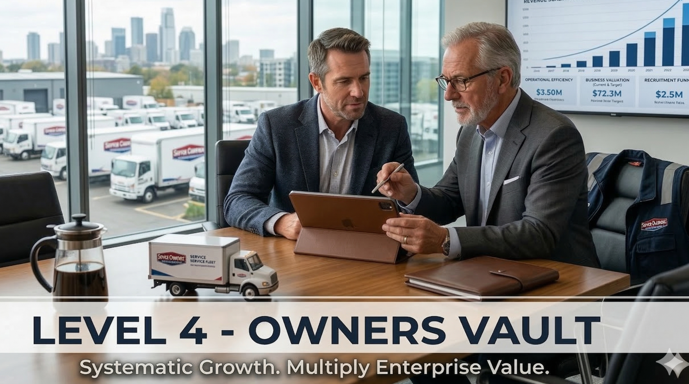 Two businessmen in a meeting reviewing documents and charts in a conference room with cityscape view.