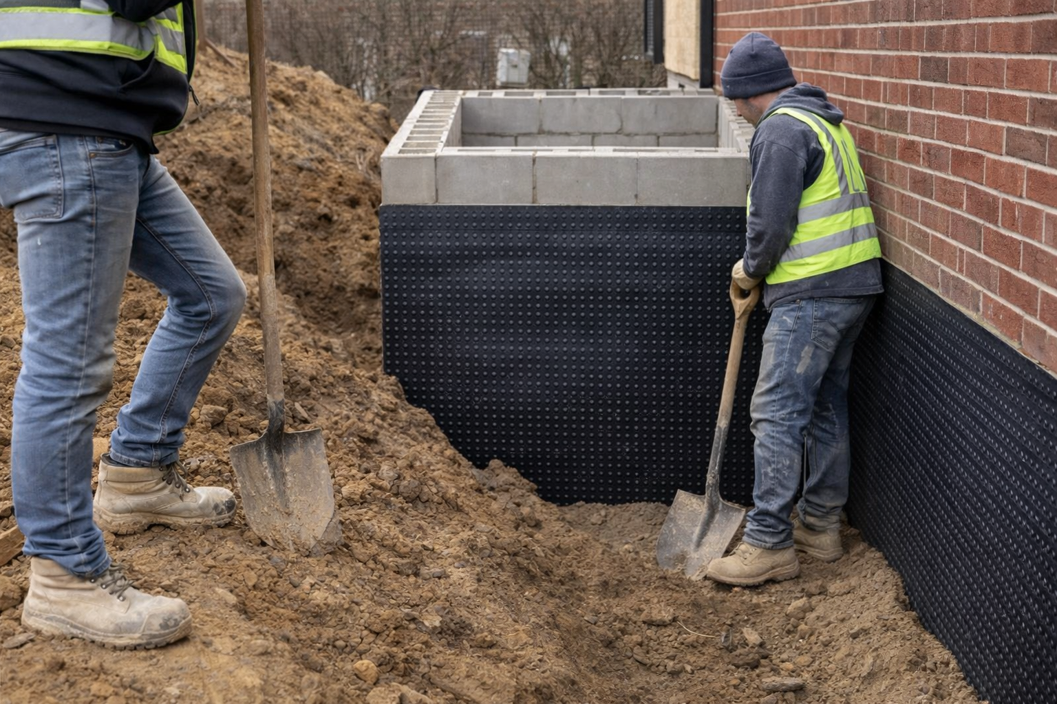 Two construction workers digging in the dirt near the foundation of a building, with a brick wall on one side and a black waterproofing material on the other.