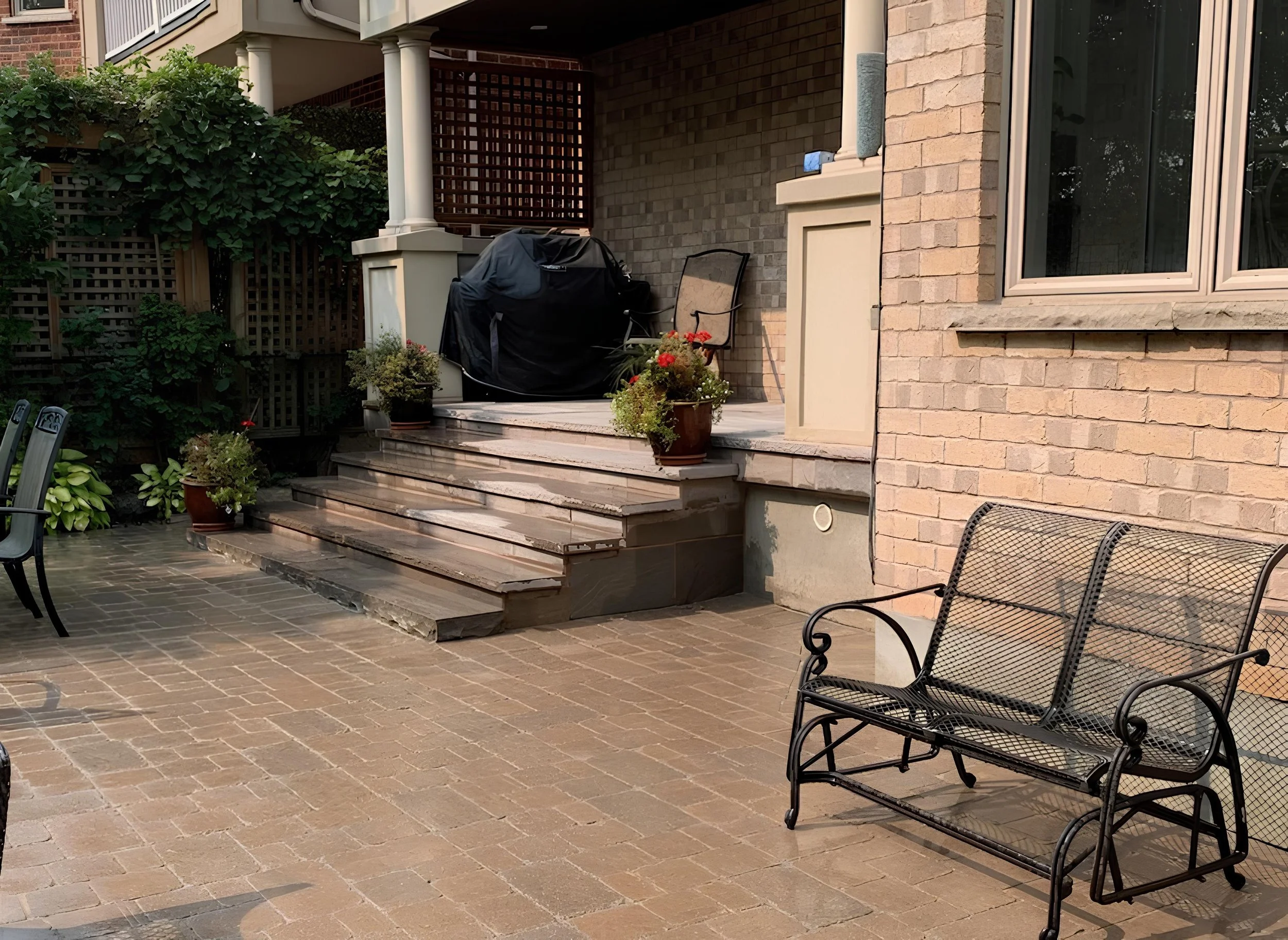 A backyard patio with brick flooring and steps leading to a covered porch. There are potted plants on the steps and a black outdoor lounge chair near the house. The house has windows and brick walls, with greenery and a lattice fence in the background.