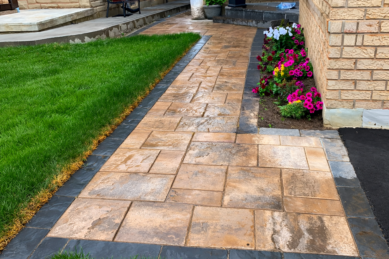 Clean, wet stone pathway next to a lush green lawn and flower beds with pink, purple, and white flowers, next to a brick house wall.