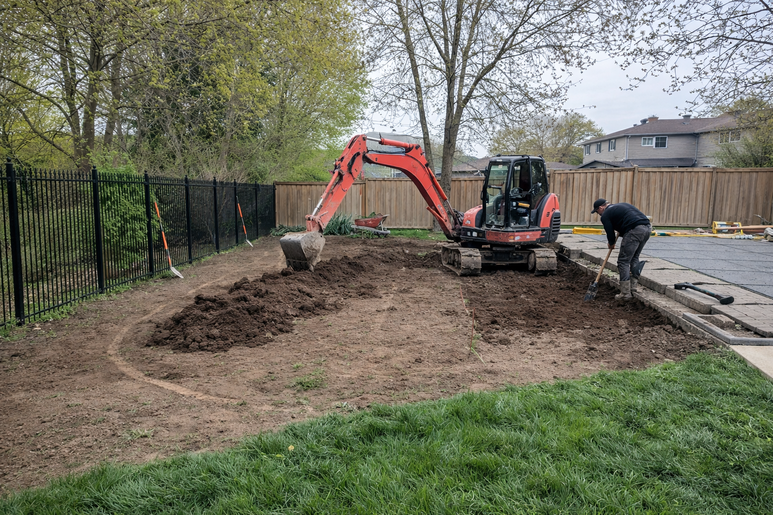 A worker using a shovel to dig in a backyard, with a small excavator nearby. The yard is partially fenced with a black metal fence on one side and a wooden fence in the background. There are trees and a house visible beyond the fences.