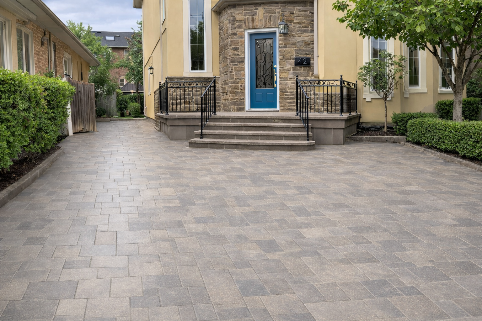 Front yard of a house with a paved driveway, stone steps leading to a blue front door, black railing, green bushes, and trees.