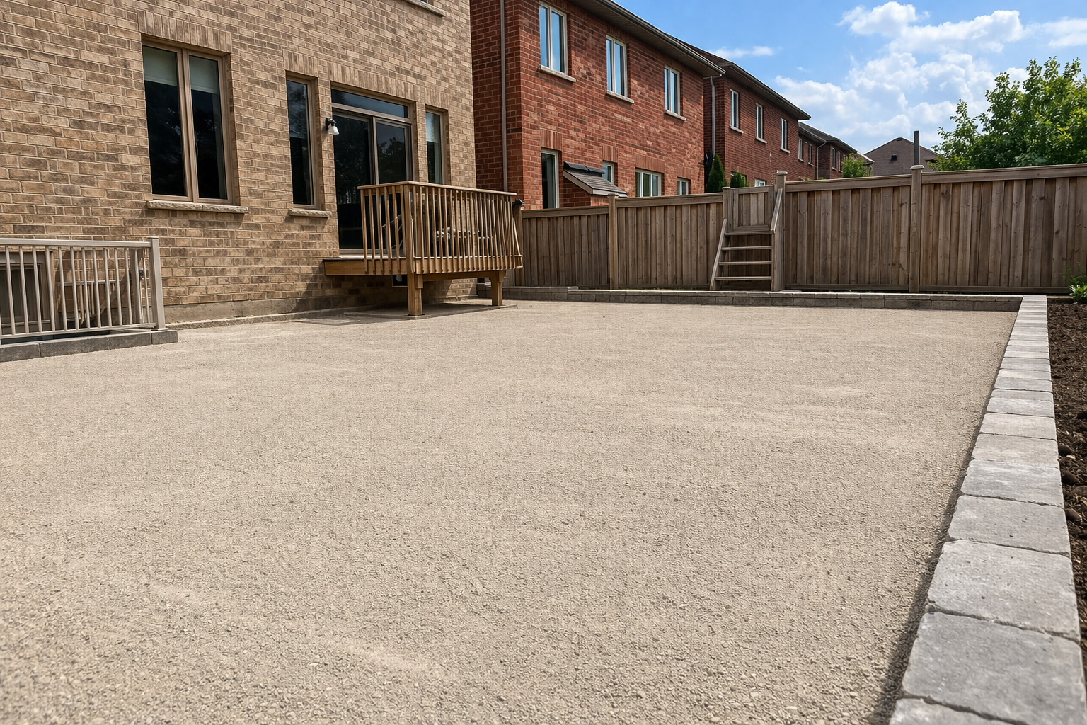 Backyard with a spacious sand or gravel area, bordered by a stone edge and a wooden fence, attached to a brick house with several windows and a small wooden deck.
