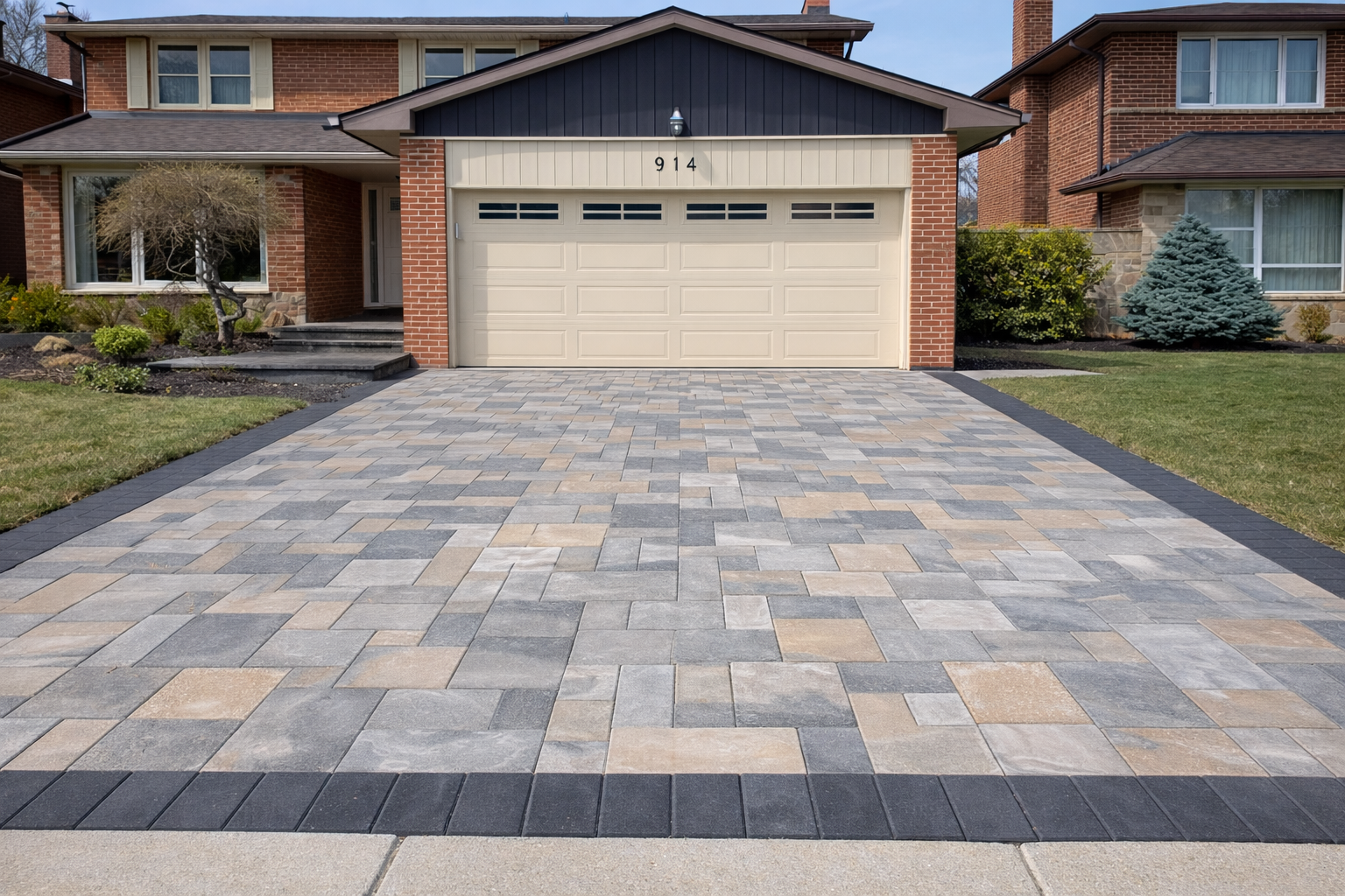Front view of a brick house with attached garage, paved driveway, and landscaped yard with grass, bushes, and small trees.
