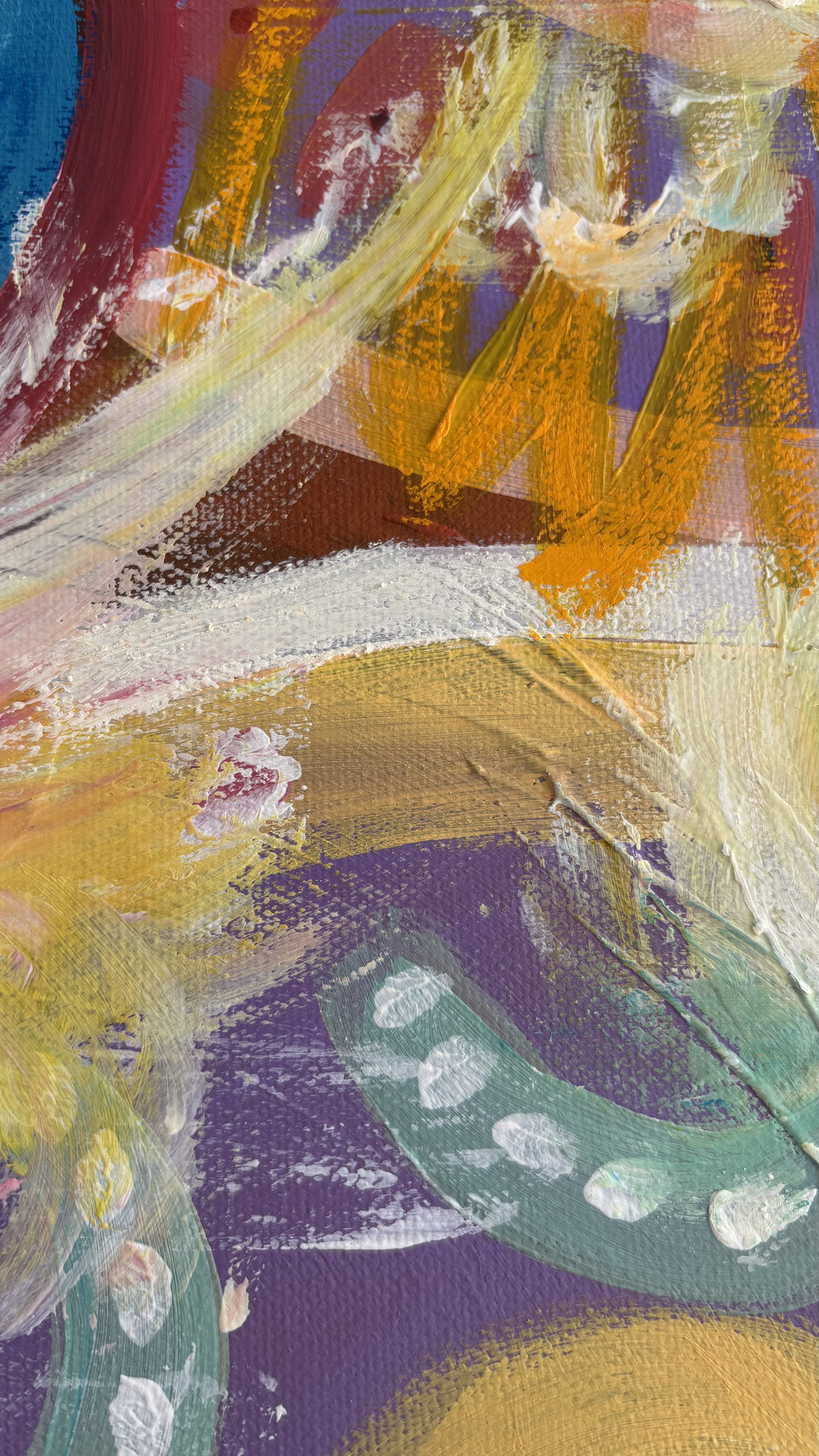Layered abstract painting detail with cream brushstrokes sweeping across ochre and lilac, above a curved mint green shape dotted with pale circular marks.