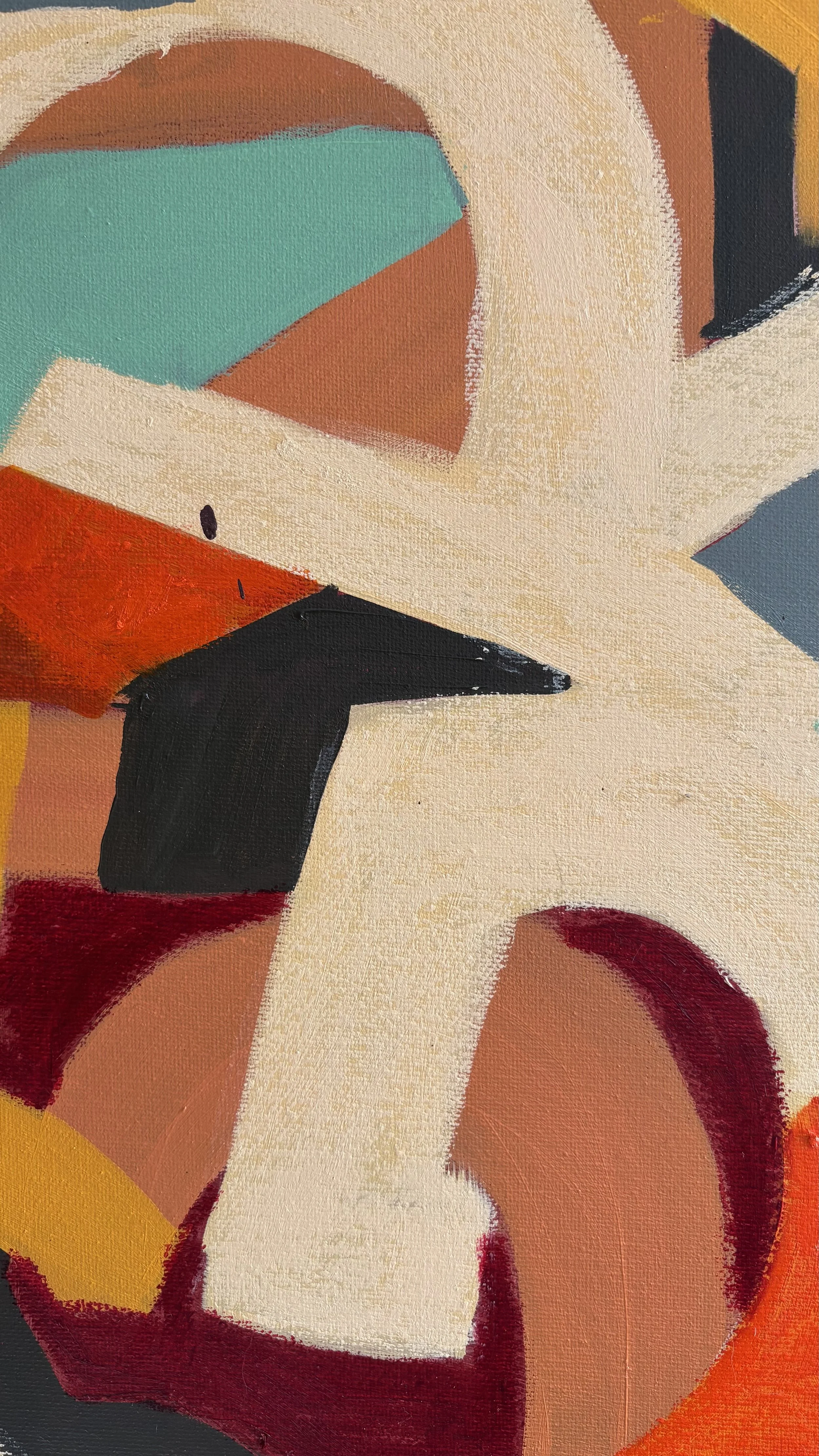 Close-up of Bread Sandwich and Gravy showing abstract cream letterforms overlapping burgundy, terracotta and charcoal shapes, with visible brush marks and textured acrylic and oil paint on canvas.