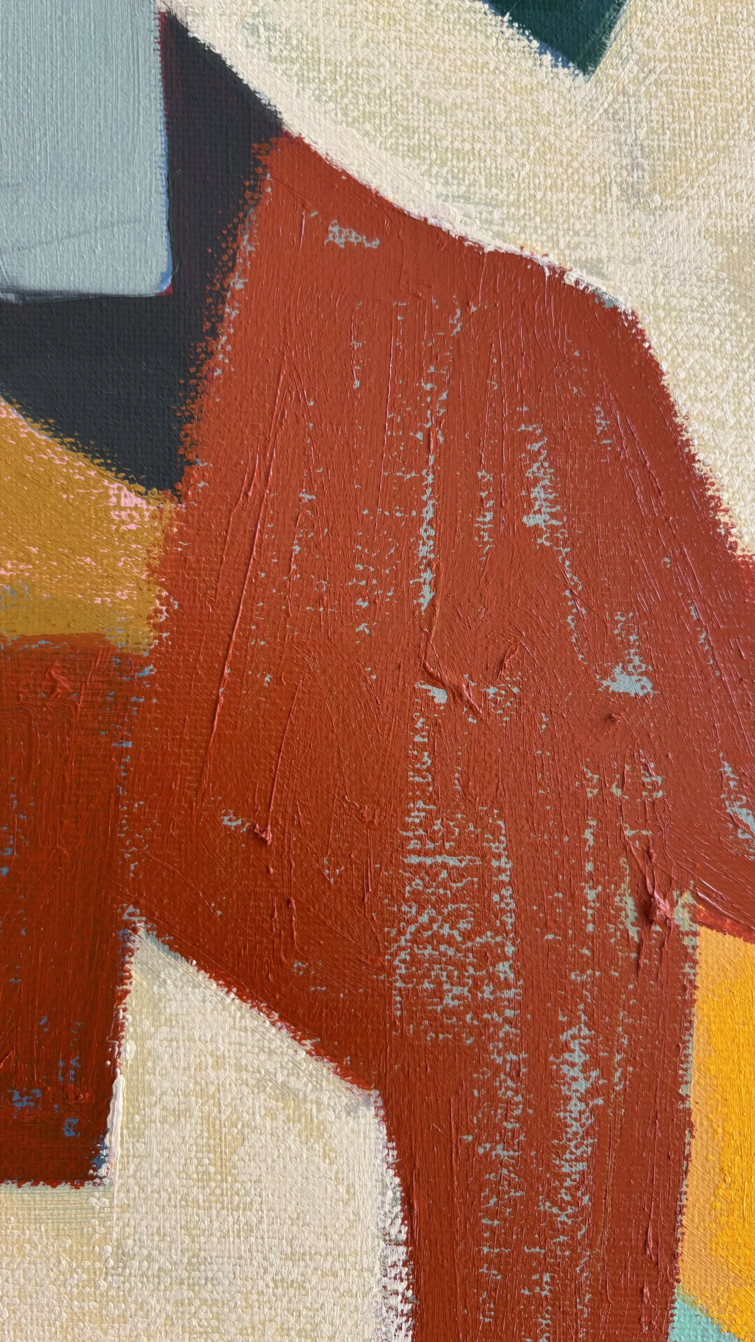 Textured brushwork in Potato Pie Slice, with layered rust-red paint, exposed flecks of canvas and adjoining ochre, cream and charcoal shapes.