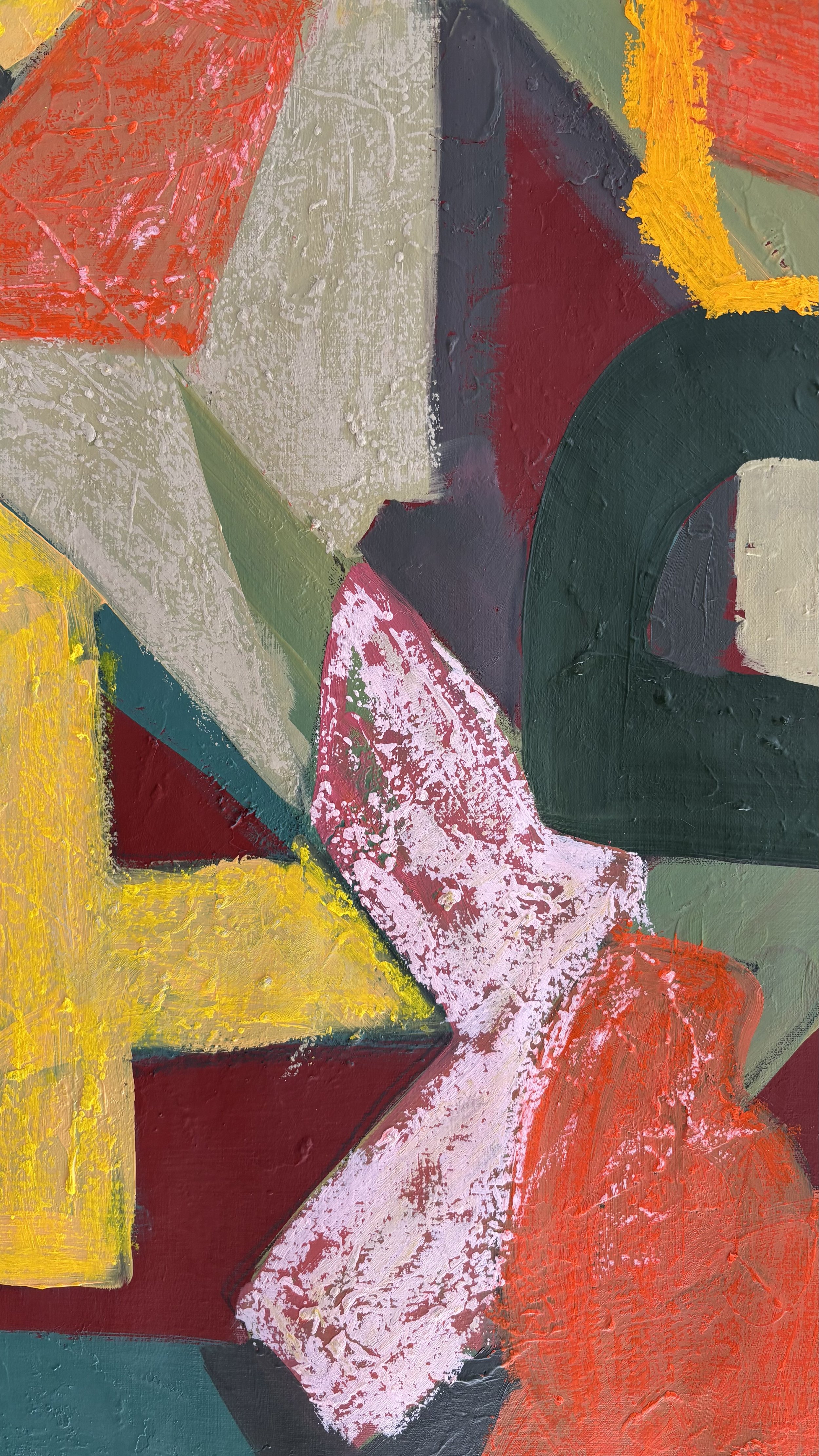 Layered geometric abstraction in close-up, with a speckled pink letter fragment crossing olive and cream diagonals beside a dark green arch and bright yellow band.