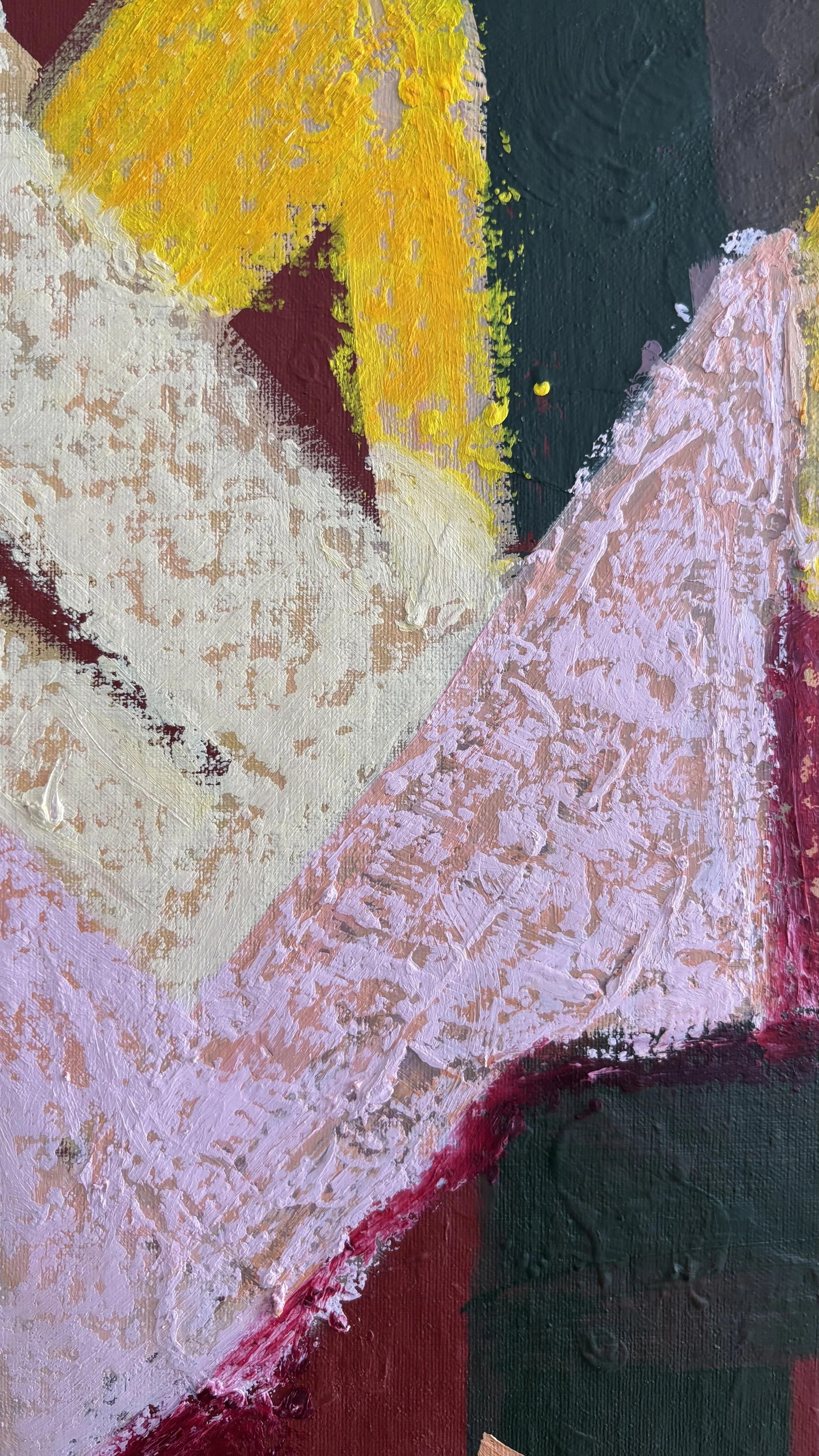 Abstract letterform detail showing a broad pale pink diagonal beside an off-white curve, with mottled paint texture, burgundy edges and small areas of yellow and deep green.
