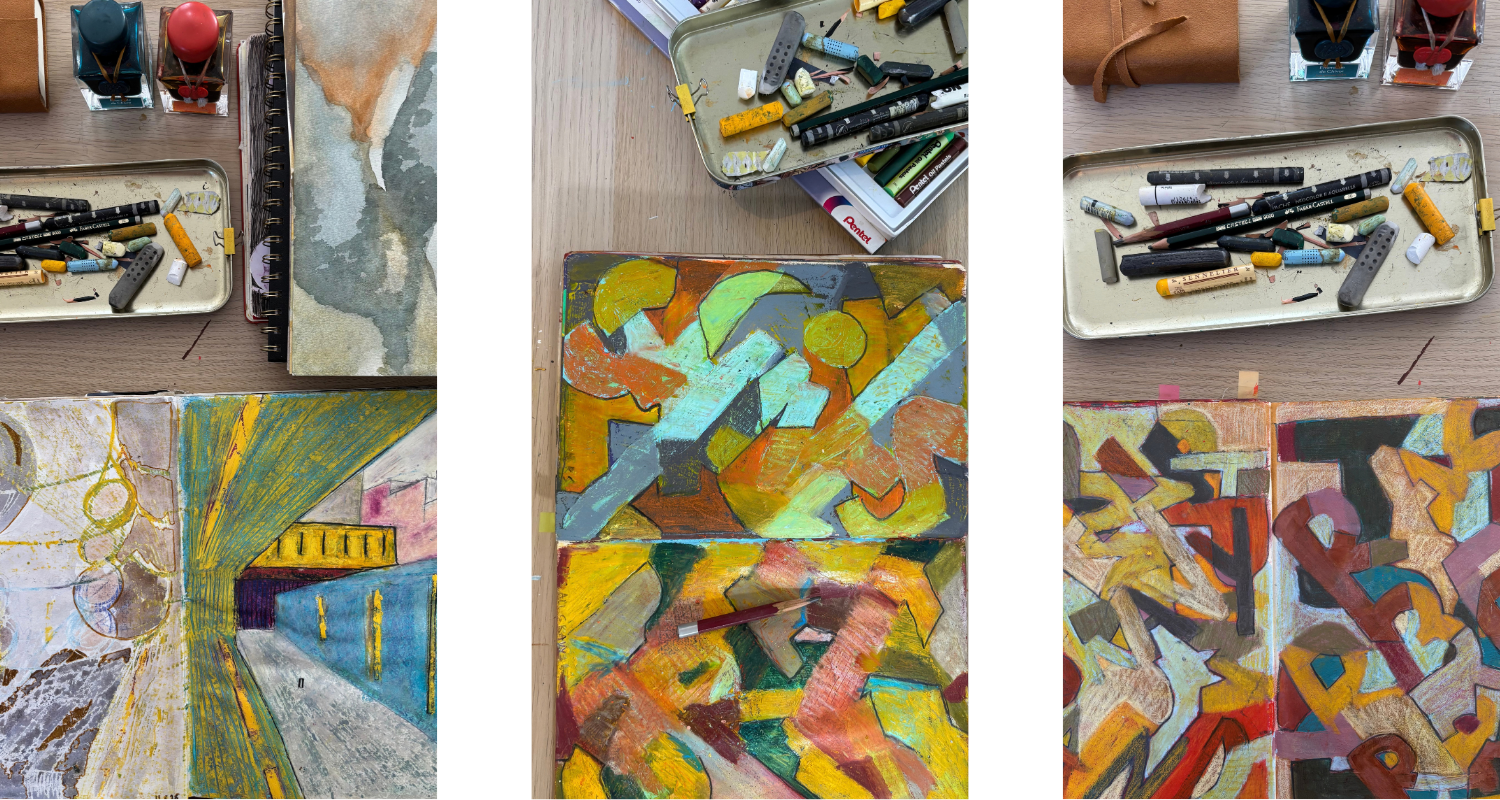 Three views of Anastasija Sarajeva’s sketchbook practice, showing an interior drawing, colourful geometric experiments and abstract letterform compositions alongside pastels, pencils and ink bottles.