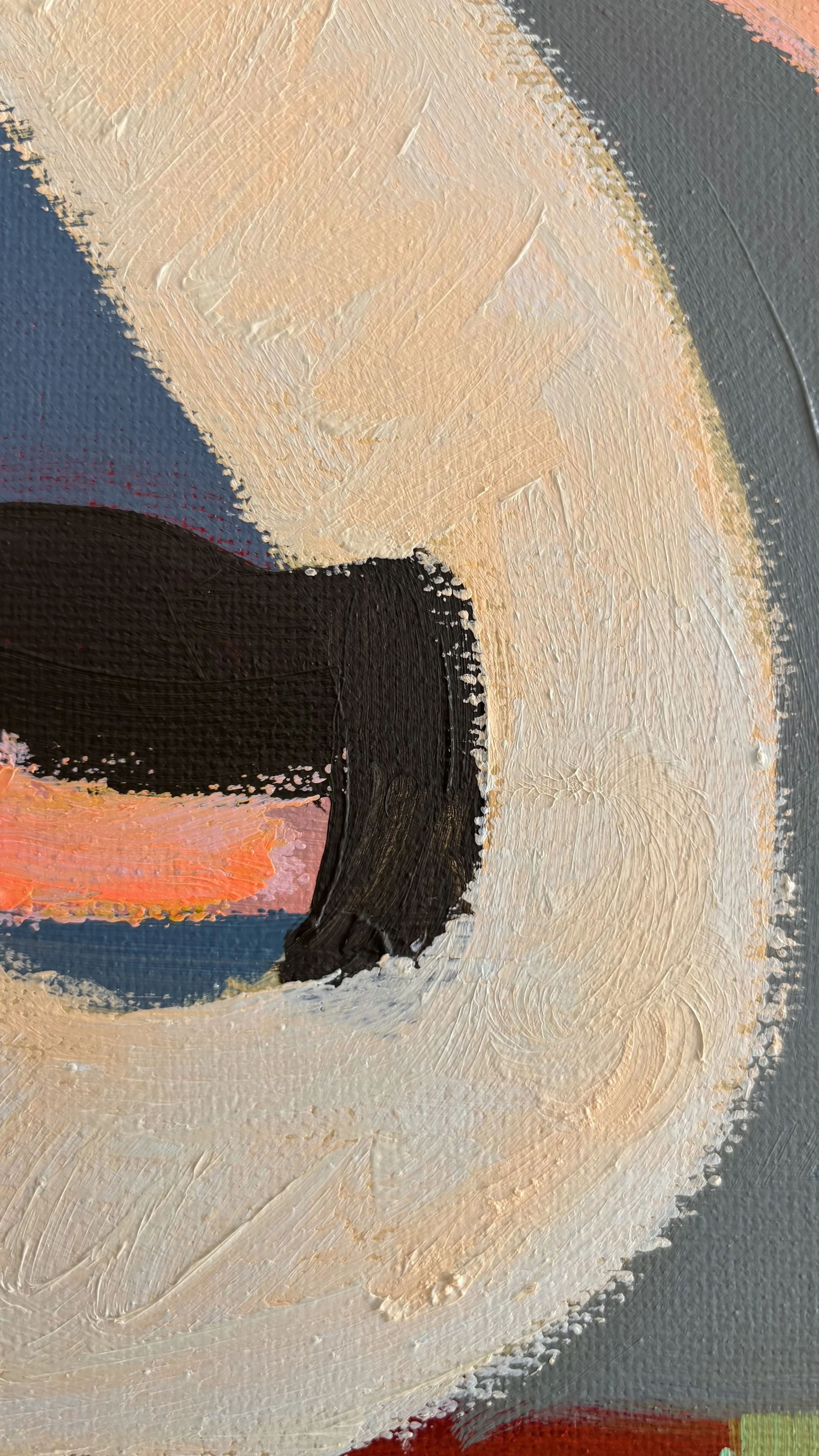 Close-up of a curved cream letterform surrounding a bold black brushstroke and coral stripe, with layered paint and visible canvas weave against blue-grey.