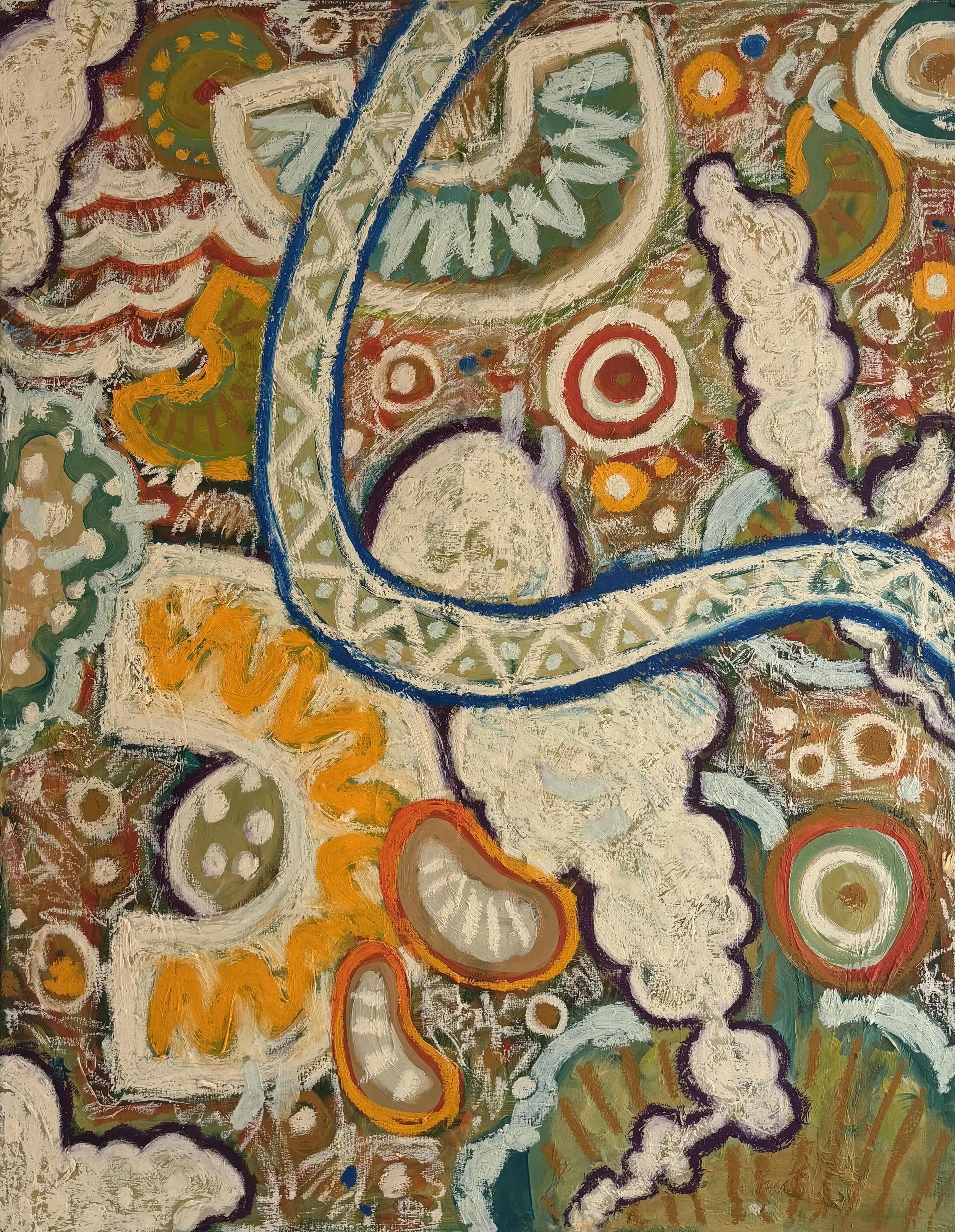 Patterned abstract painting by Anastasija Sarajeva, with winding blue bands, concentric circles, cream scalloped forms and sun-like motifs in ochre, terracotta, sage green and plum.