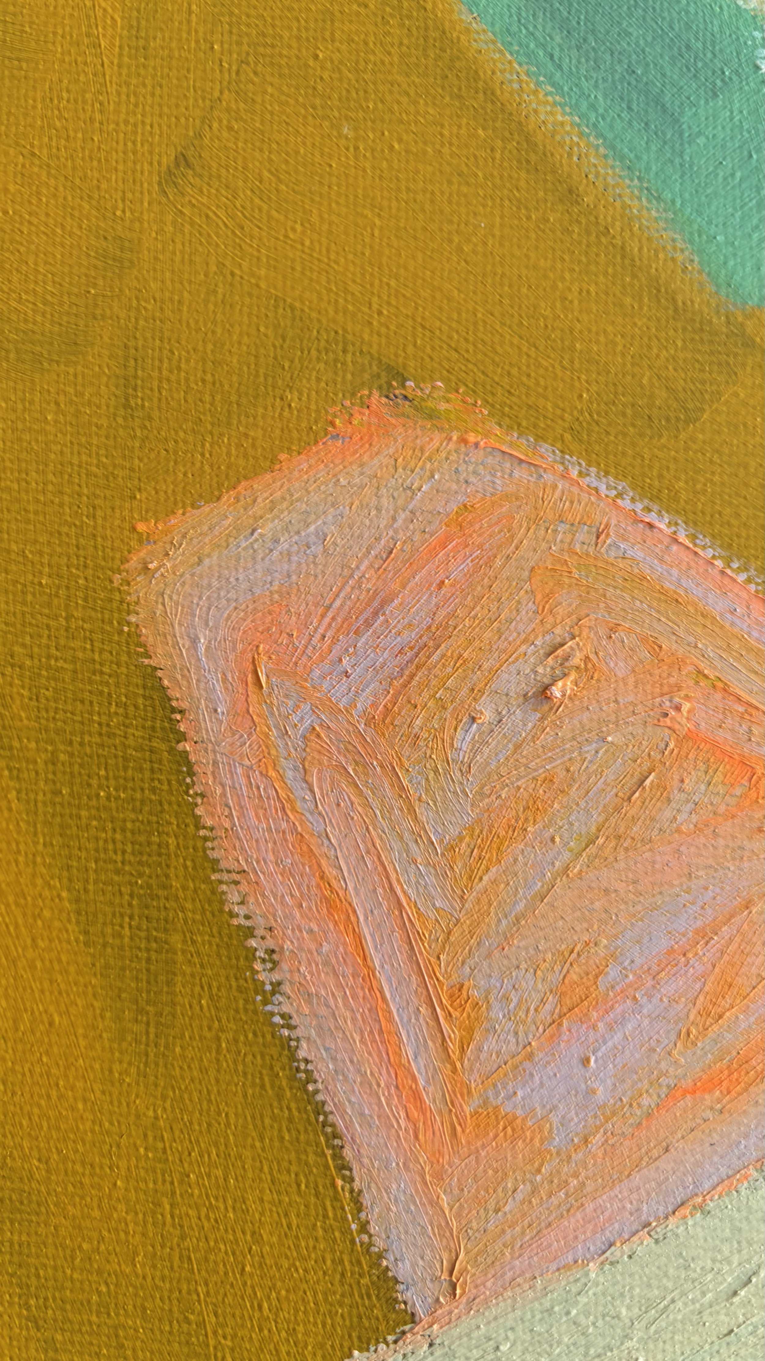 Abstract colour study within the painting, showing a pale pink angular shape edged in coral against mustard yellow, with directional brushstrokes and fine surface texture.