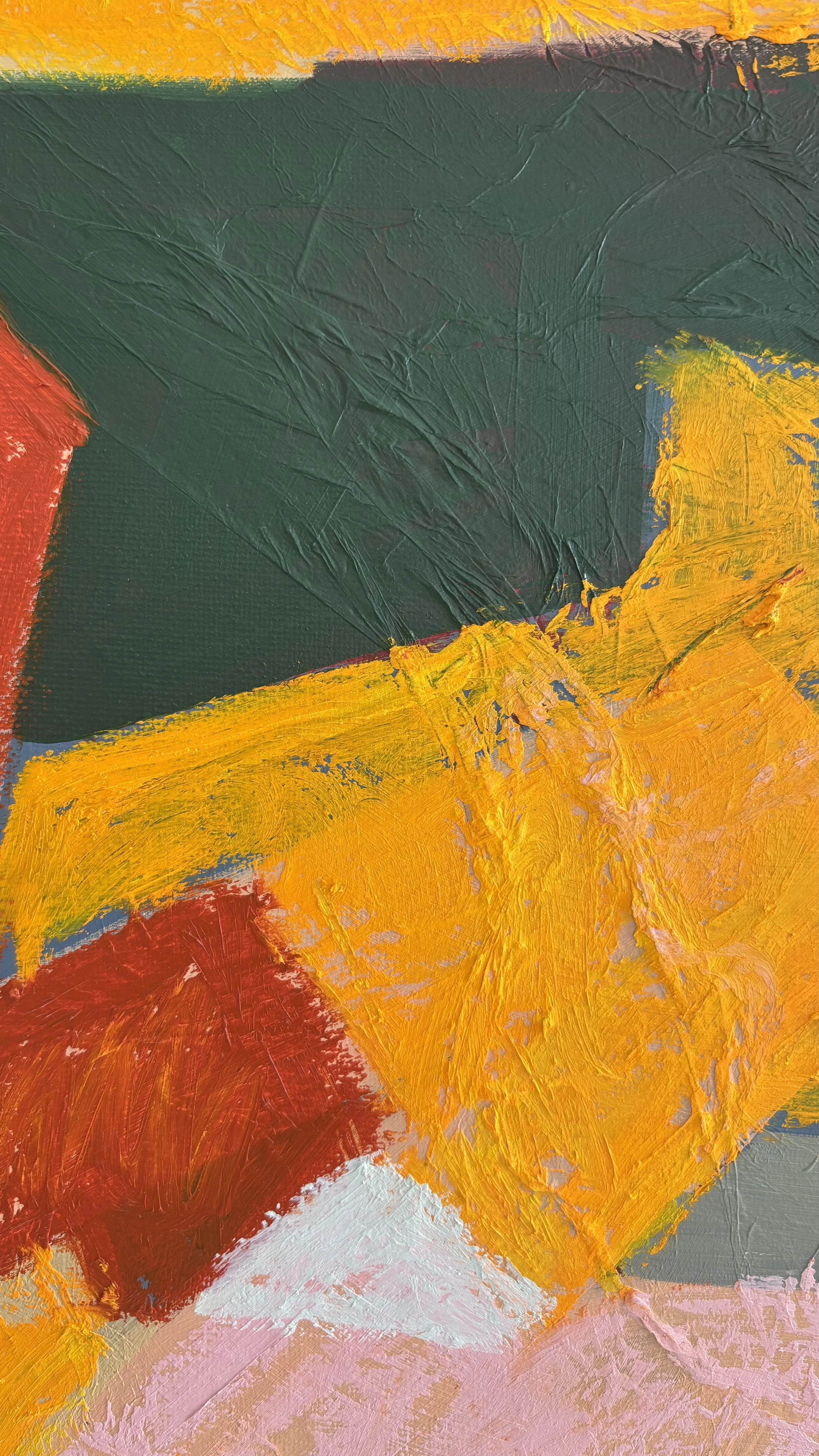 Abstract painting detail showing a broad golden yellow band crossing deep green, with burnt orange below, rough paint edges and textured brushstrokes.