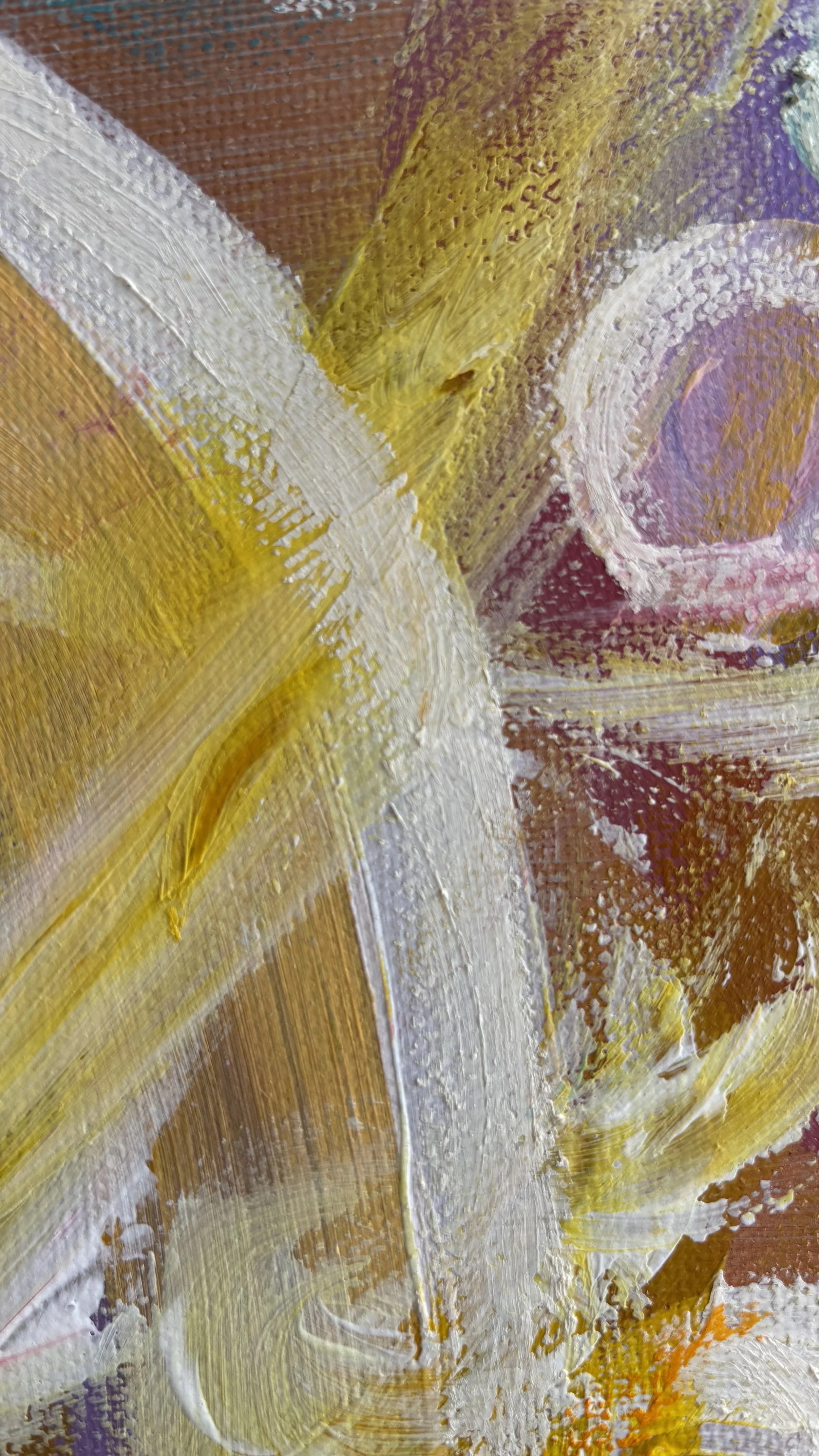 Gestural abstract art detail showing broad cream and pale green strokes crossing mustard yellow, dusty pink and burgundy, with visible bristle marks and thin layers of colour.
