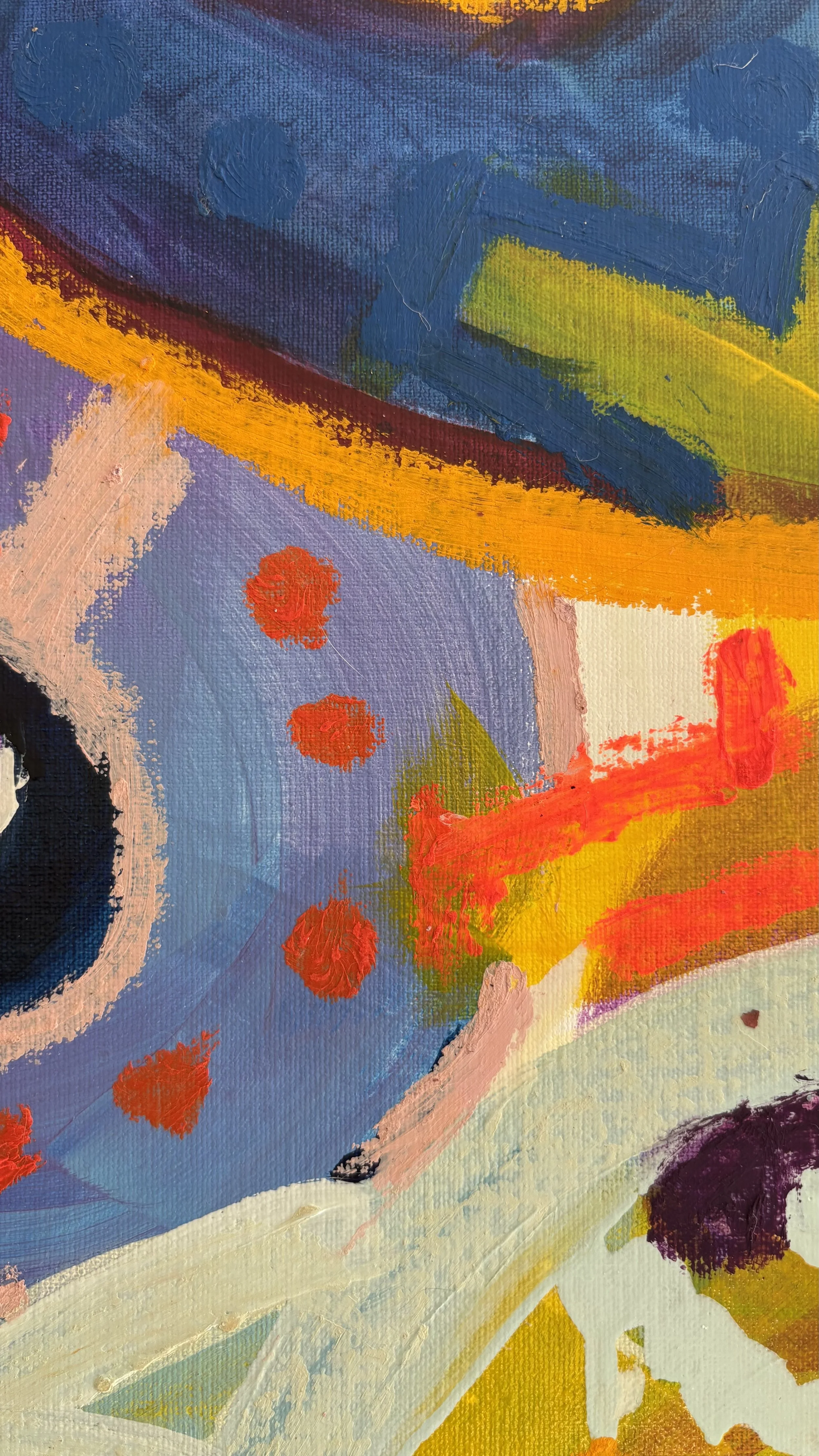Expressive abstract painting detail with orange-red dots on muted blue, crossed by bright orange bands and bordered by pale pink curves and olive green shapes.