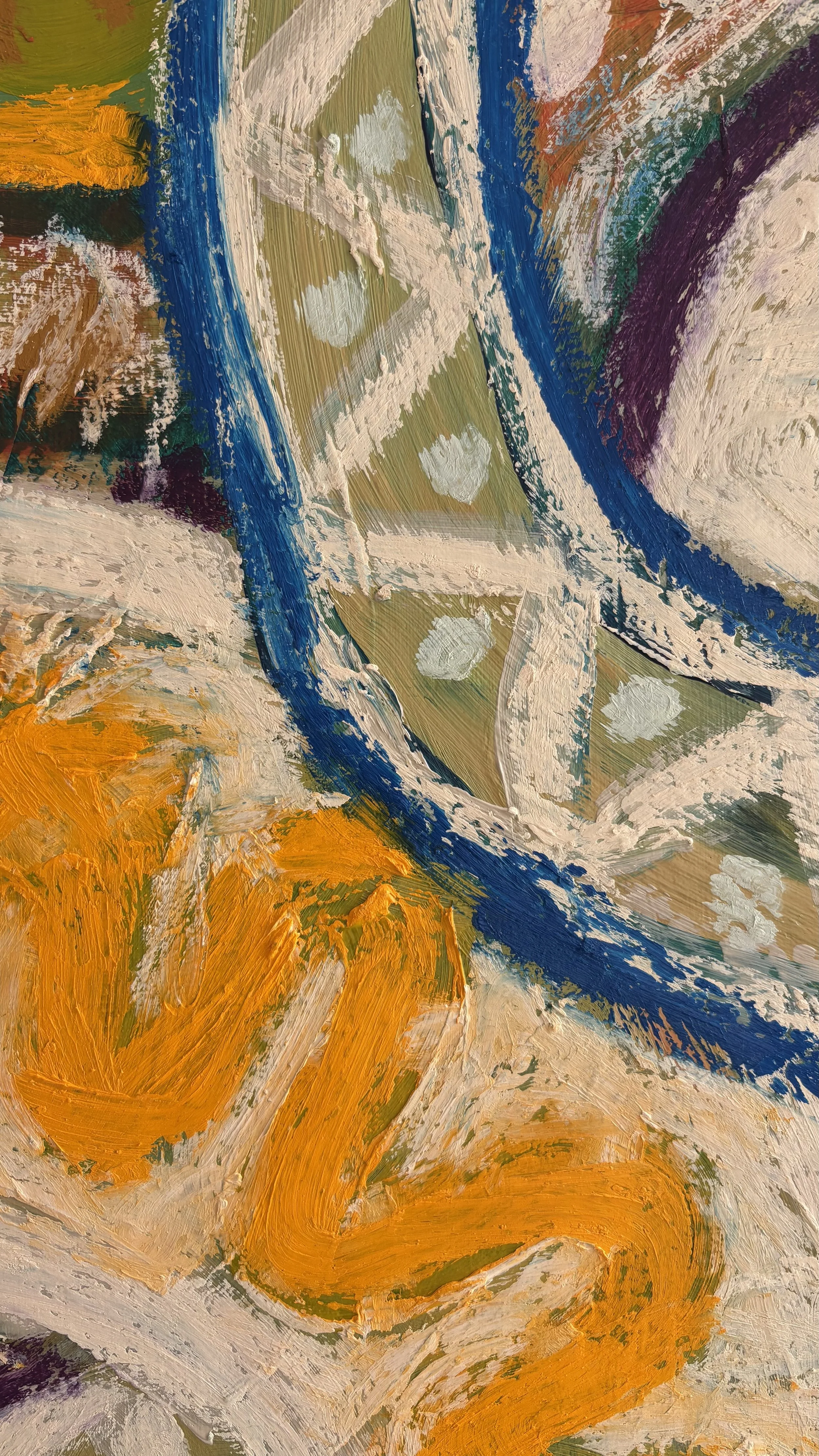 Organic abstract painting detail showing a curved cobalt blue band around cream triangular marks on sage green, beside an ochre shape with pale pink strokes.