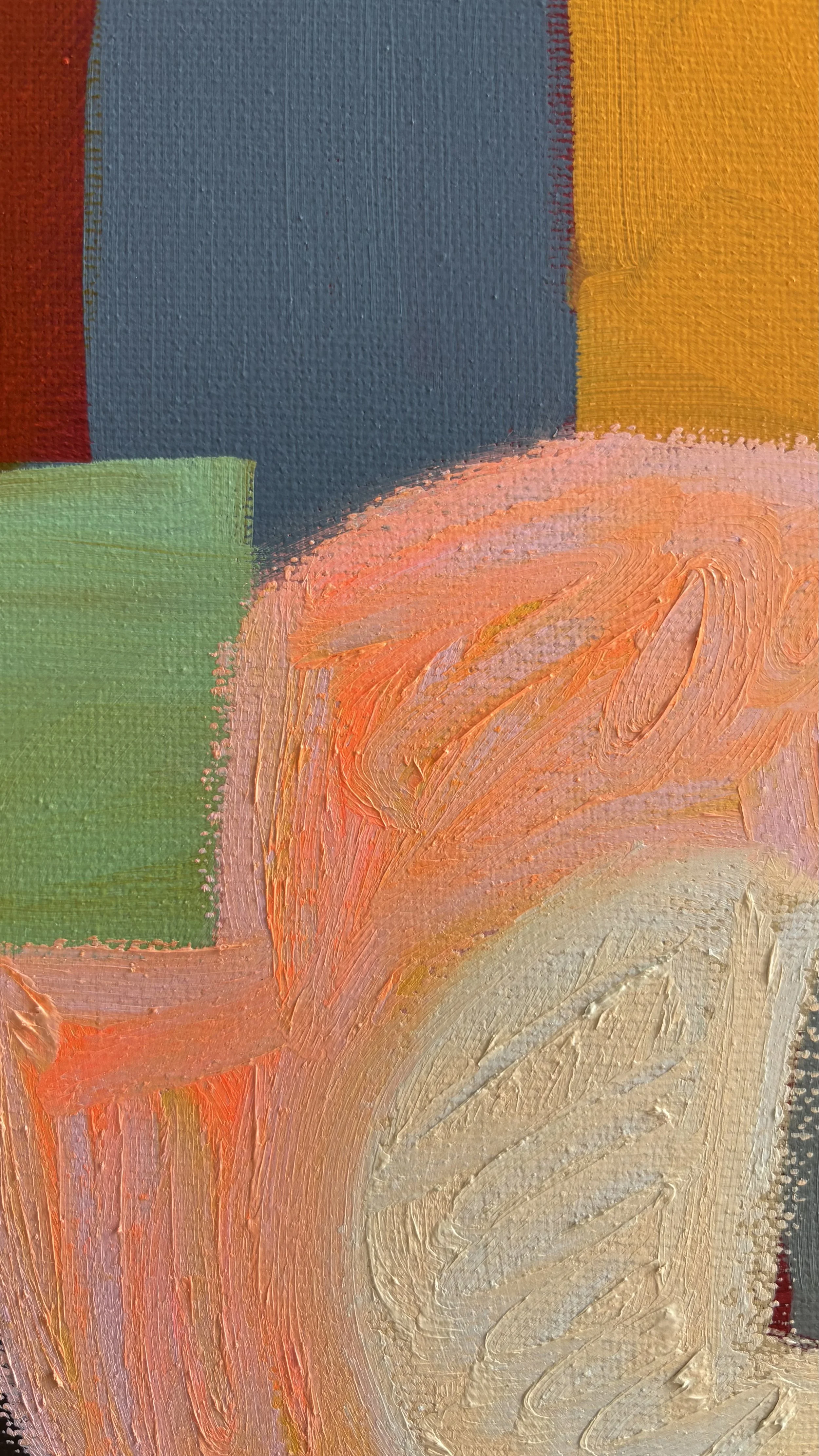 Textured abstract painting detail showing a broad coral-pink curve around a pale grey centre, with sweeping brush marks beside sage green and slate blue blocks.