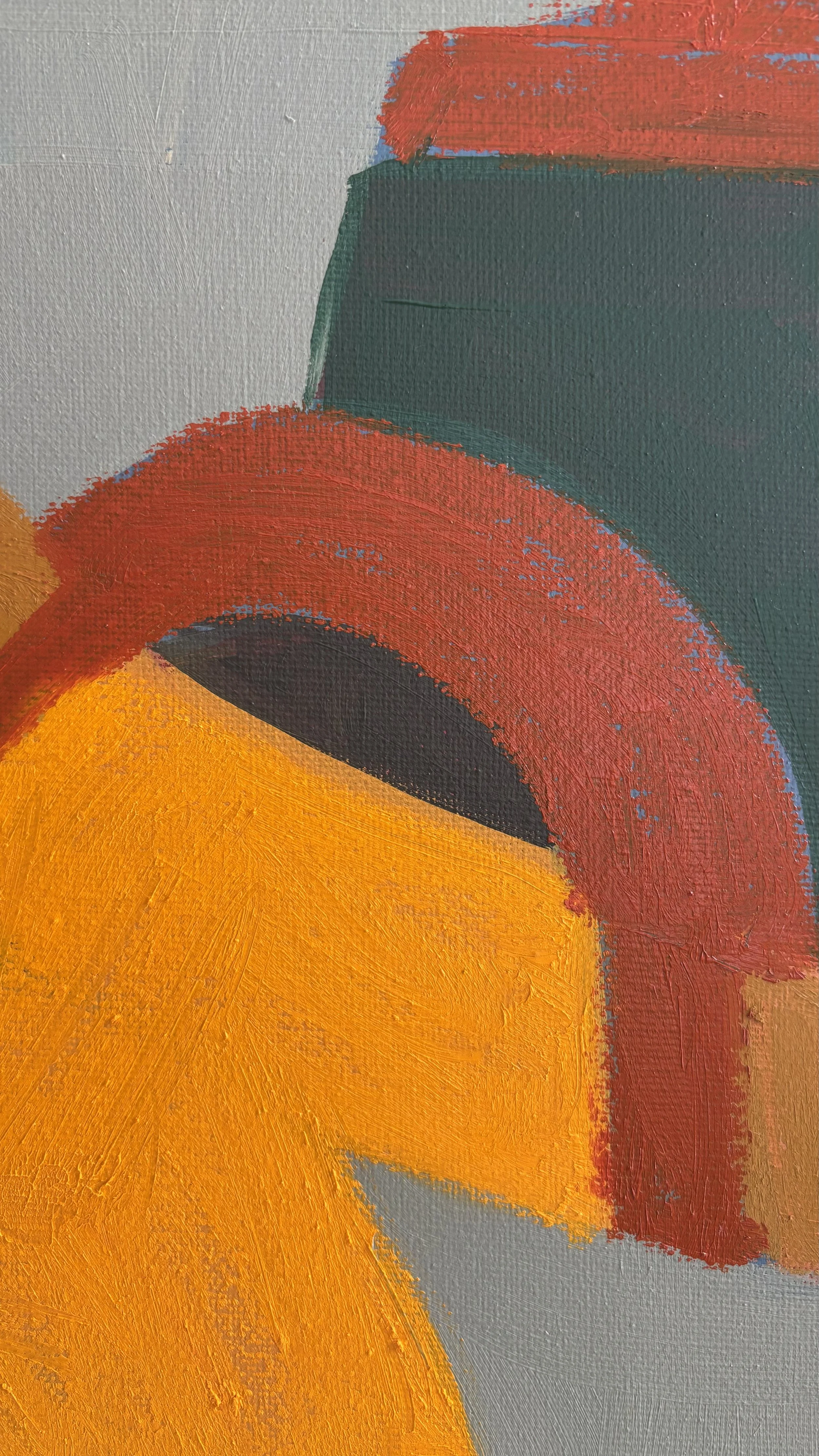 Detail of Potato Pie Slice showing a rust-red arch overlapping a golden yellow geometric shape, surrounded by muted grey and dark green, with visible canvas weave.