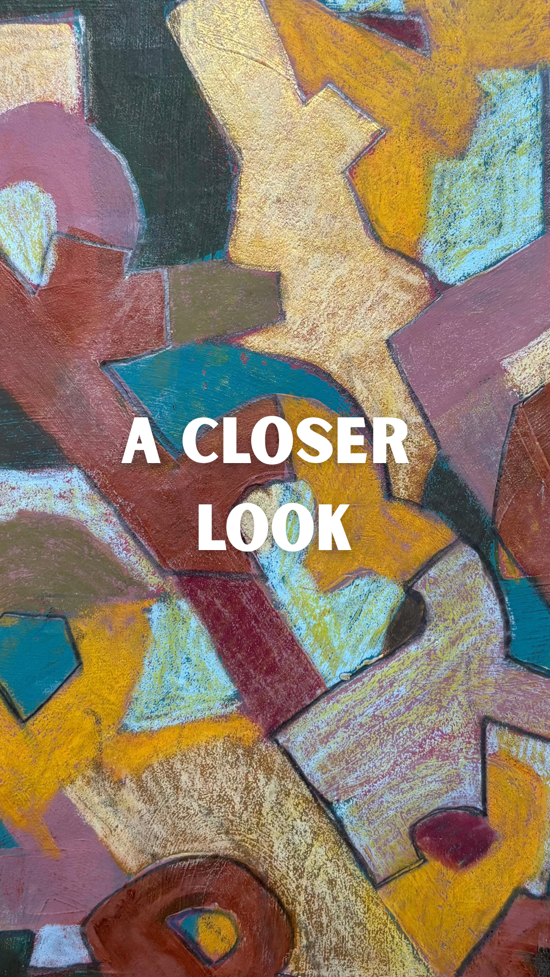 Close-up of an abstract drawing by Anastasija Sarajeva, showing layered marks and interlocking letterforms in ochre, mauve, turquoise and burgundy. Text reads: “A closer look.”