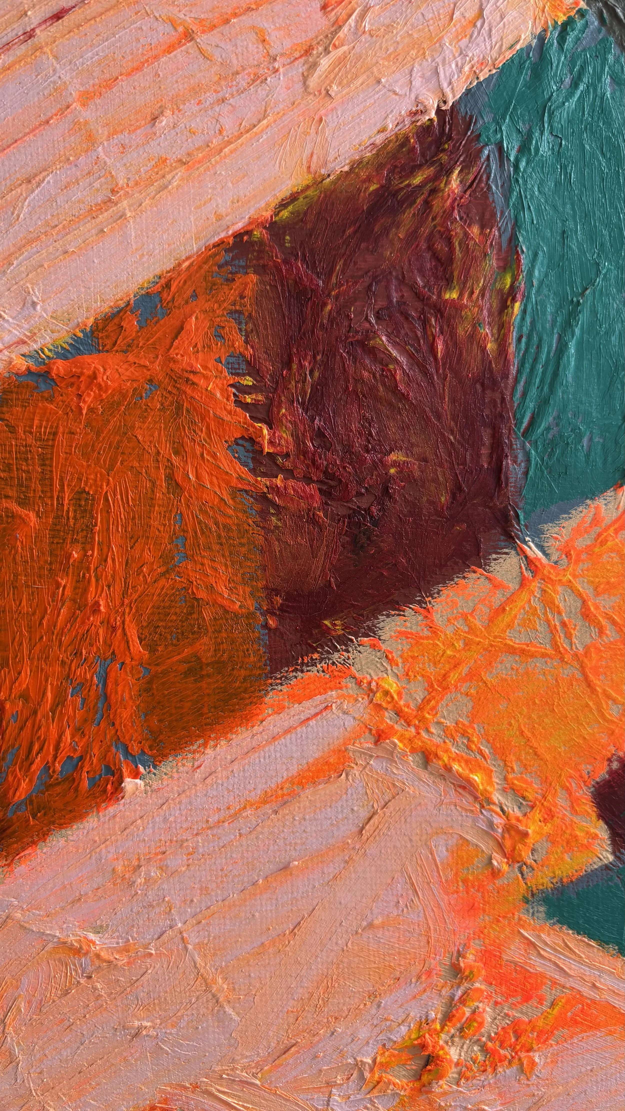 Close-up of layered orange and burgundy paint crossed by pale pink and vivid orange bands, revealing rough brushwork and flecks of underlying colour.