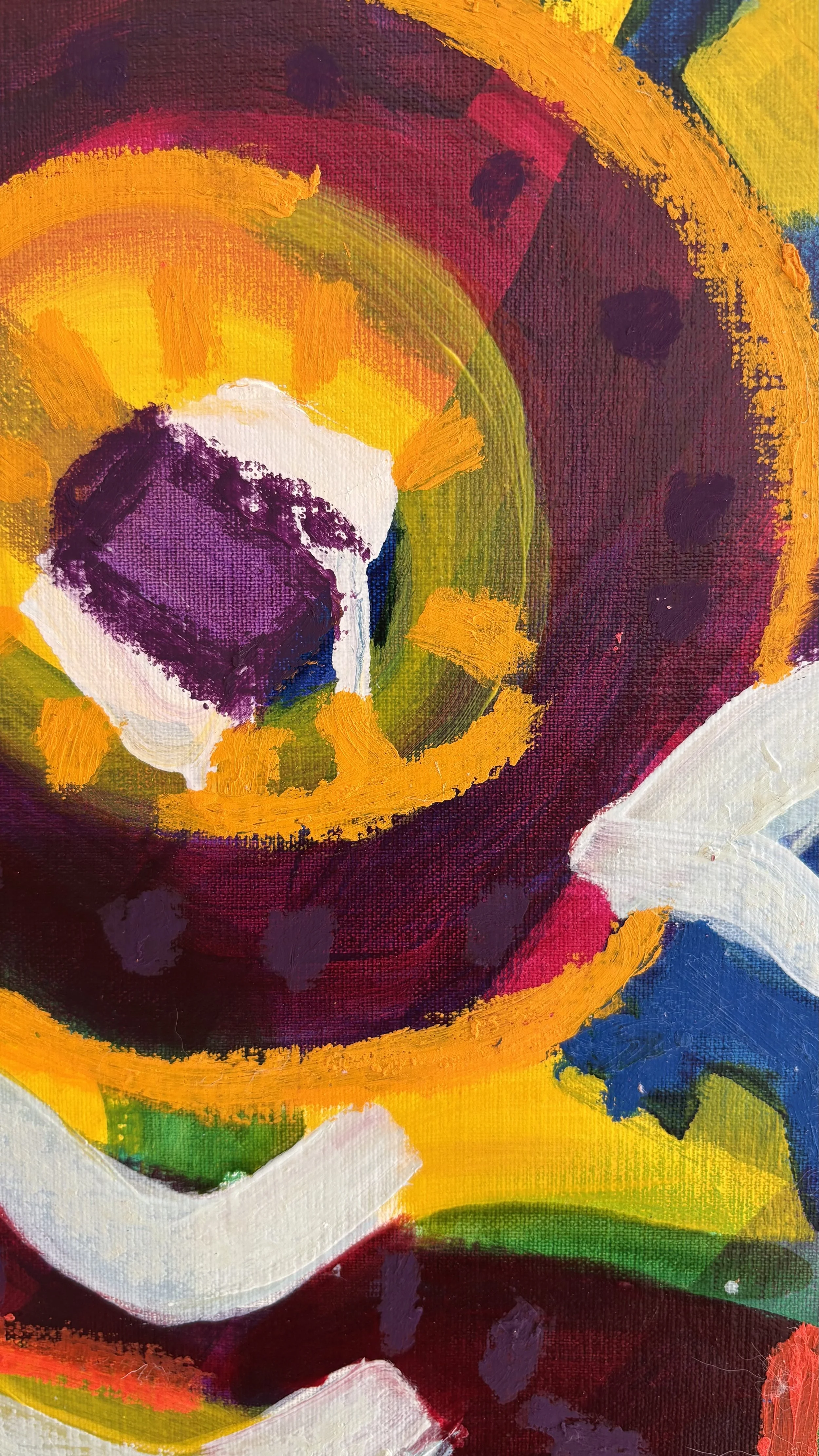 Textured abstract art detail showing a purple circle within an irregular cream ring, surrounded by golden yellow, a broad plum-coloured curve and layered blue and white brushstrokes.