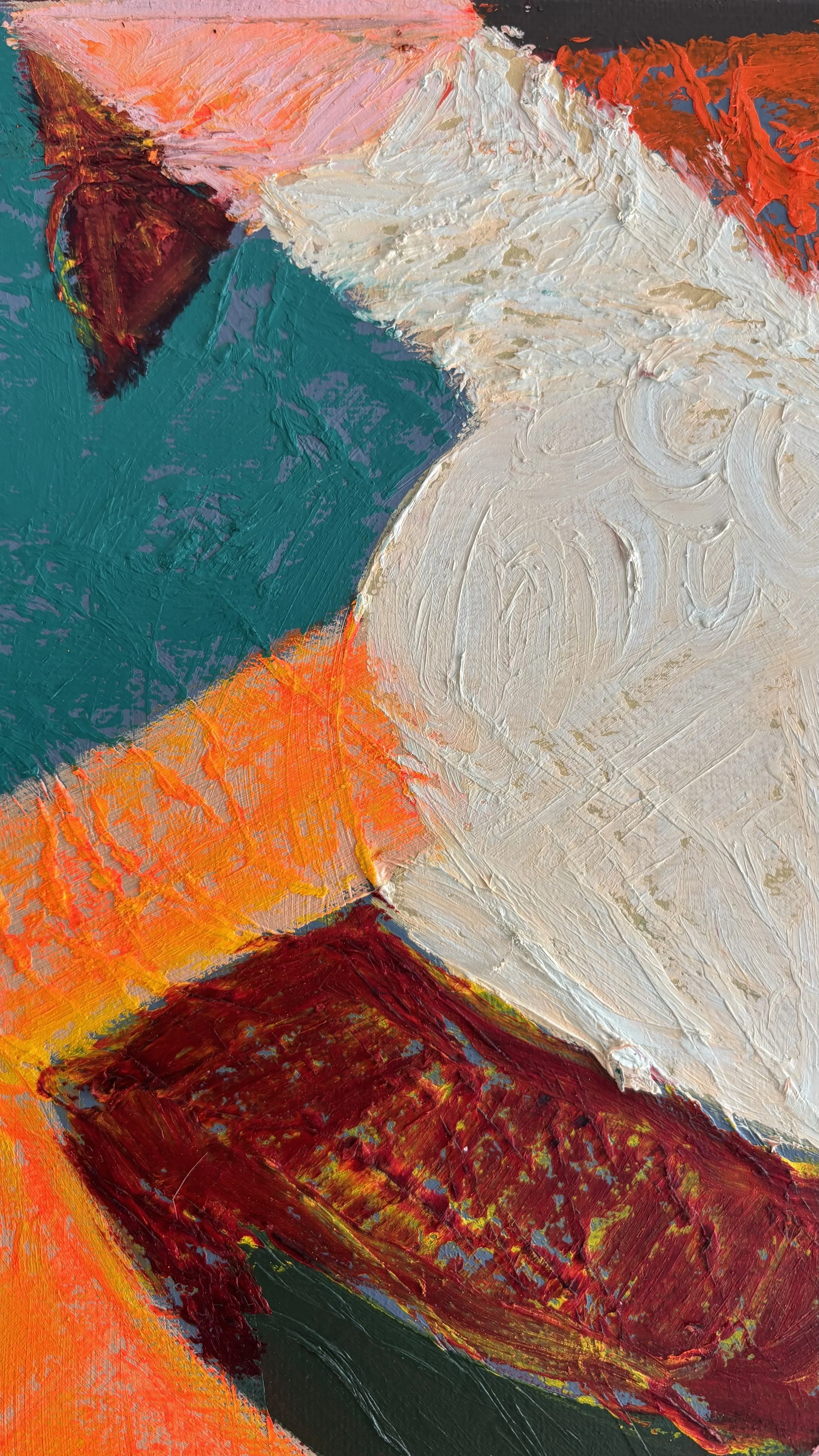 Abstract painting detail with a curved cream form overlapping an orange diagonal stripe, surrounded by teal and burgundy, with raised paint and curved surface marks.