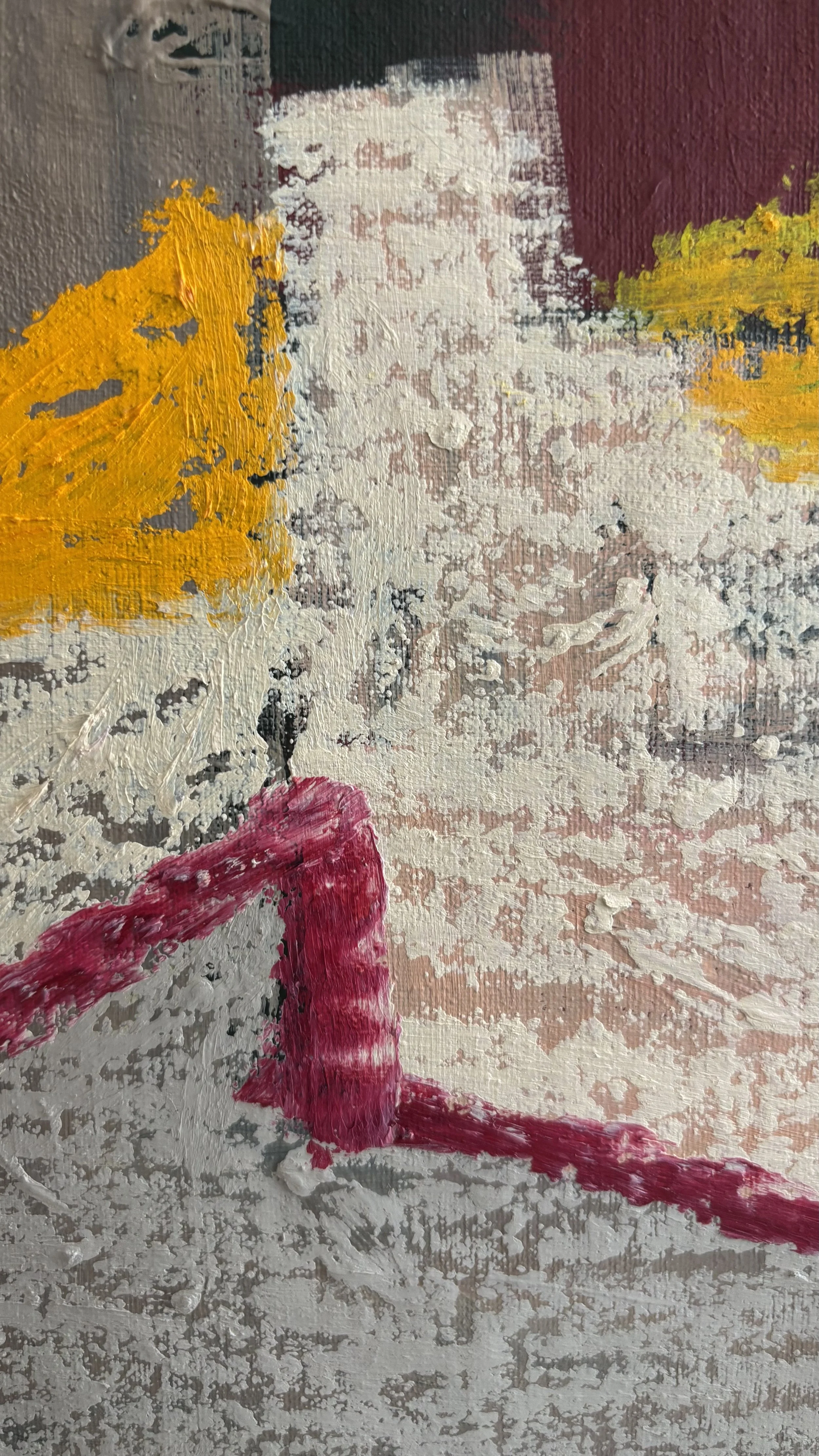 Close-up of a cream geometric form with broken paint coverage revealing grey and muted pink beneath, bordered by a burgundy angular line and mustard yellow.