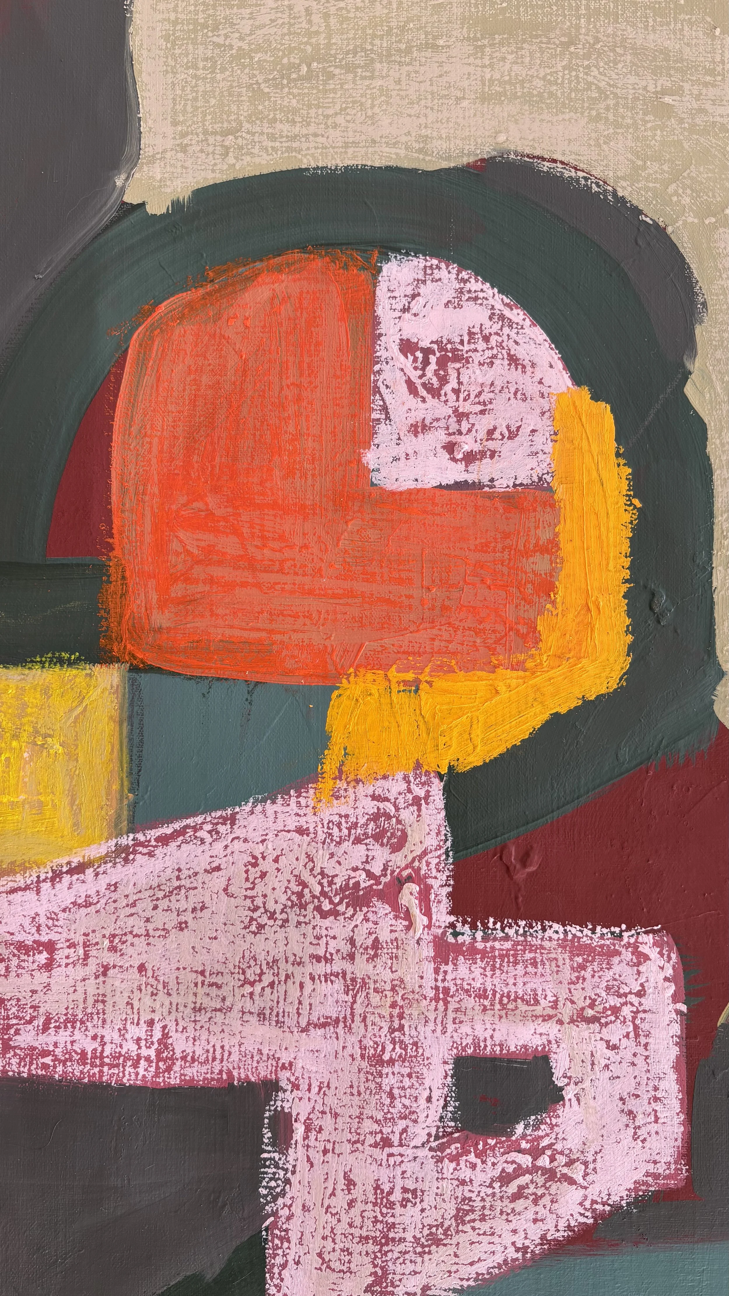 Abstract letterform detail showing a rounded orange shape edged with yellow above a pale pink angular form, with broken paint coverage revealing darker layers beneath.